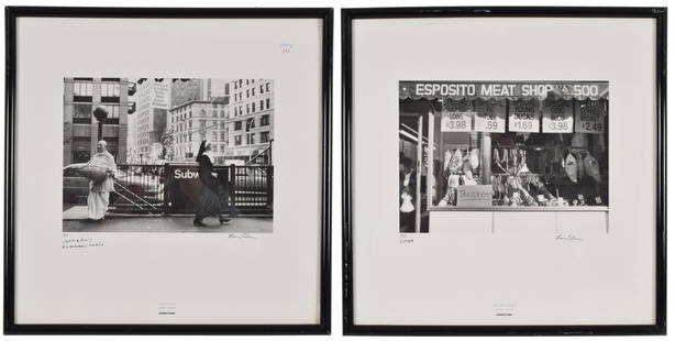 Larry Silver. American. Black and white photographic: Larry Silver. American. Black and white photographic prints "Coexistance" and "The Meat Market." Mid 20th century. NYC street scene with monk and nun and meat shop. Signed to lower right. Inscribed to