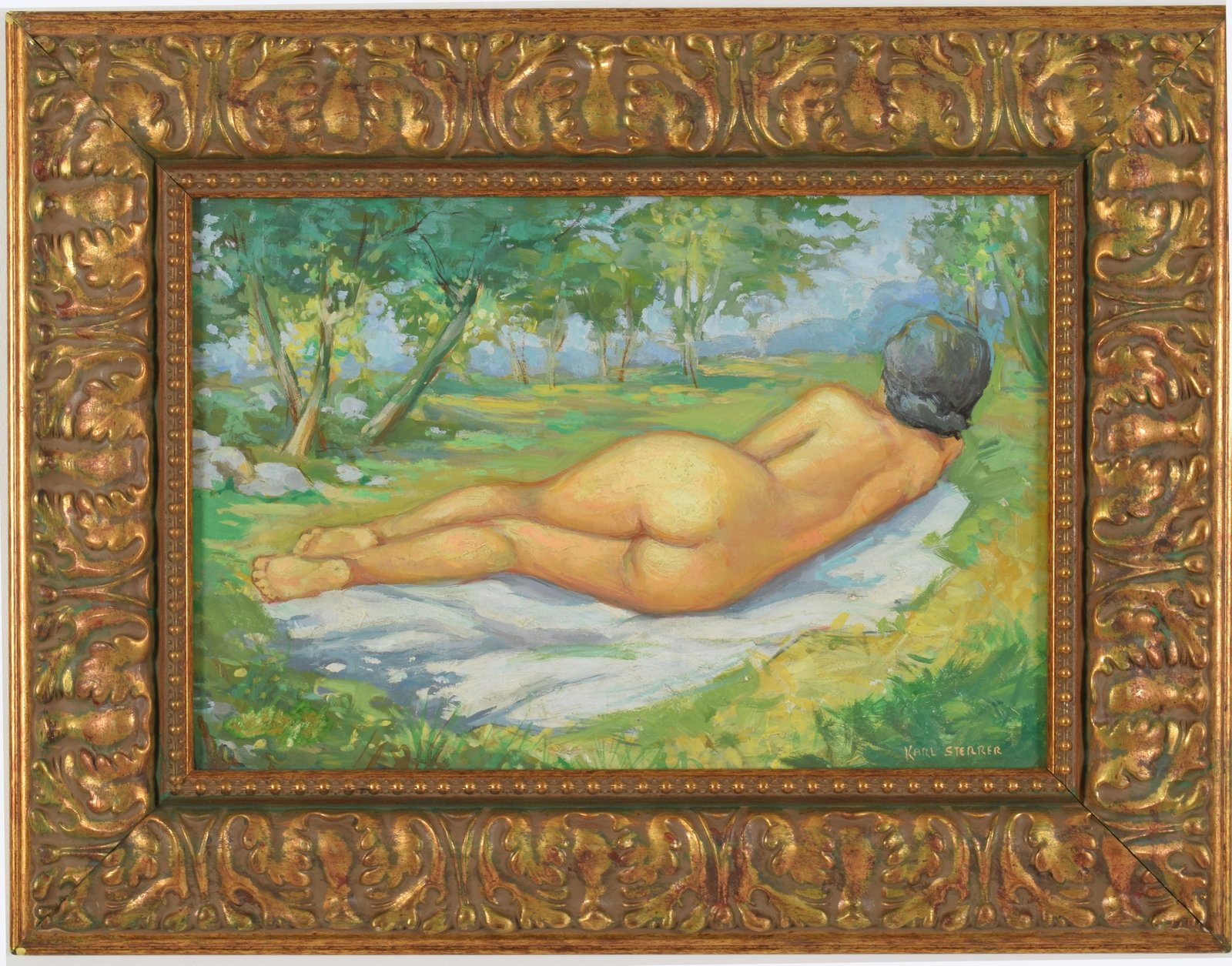 Karl Sterrer. Austrian. Nude painting of reclining: Karl Sterrer. Austrian. Nude painting of reclining woman from behind. Oil on board. Signed lower right. Sight: 10.75 x 16in. Overall: 18 x 23in. Wear and minor losses to frame corners.