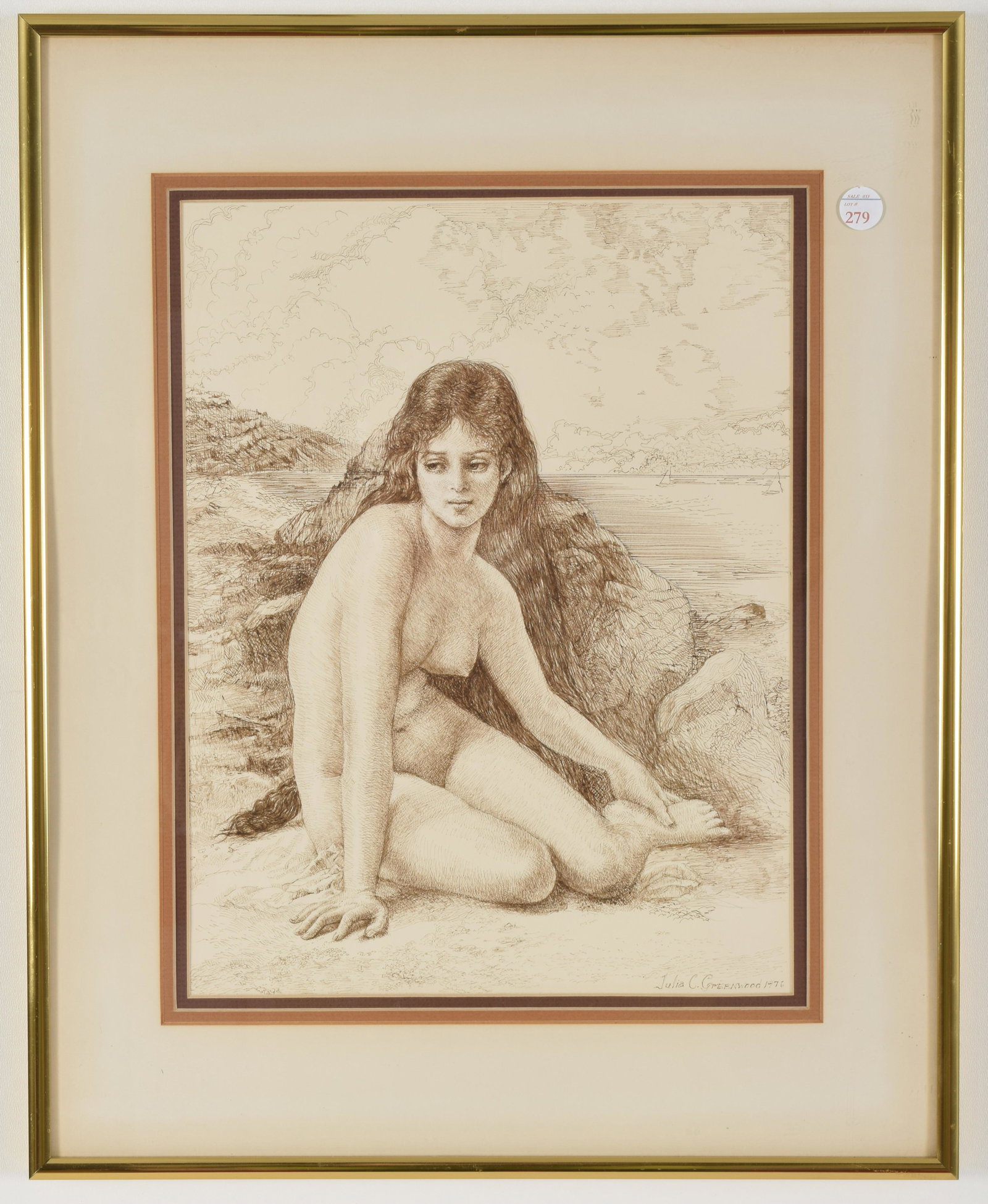 Julia Greenwood. 1976. Nude portrait of young woman: Julia Greenwood. 1976. Nude portrait of young woman along shoreline. Pen and ink sepia tone sketch on paper. Signed and dated lower right. Biographical information to verso. Sight: 14 x 10.5in. Overal