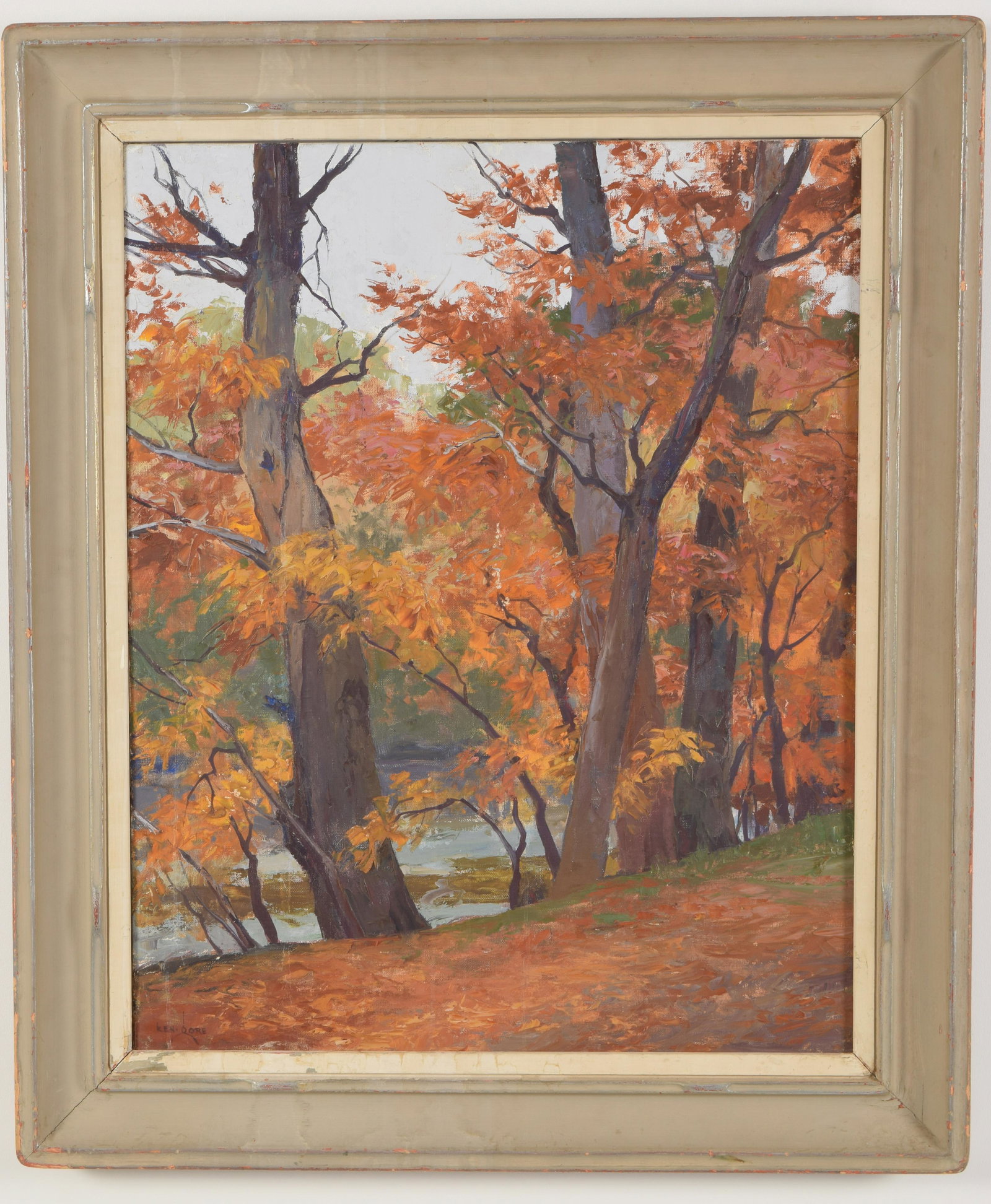 Ken Gore. American. 20th century. Beeches in the rain.: Ken Gore. American. 20th century. Beeches in the rain. Autumnal landscape painting with foliage and river. Oil on board. Signed lower left. Wear and scuffs to frame. Sight: 30 x 23.5in. Overall: 37 x 