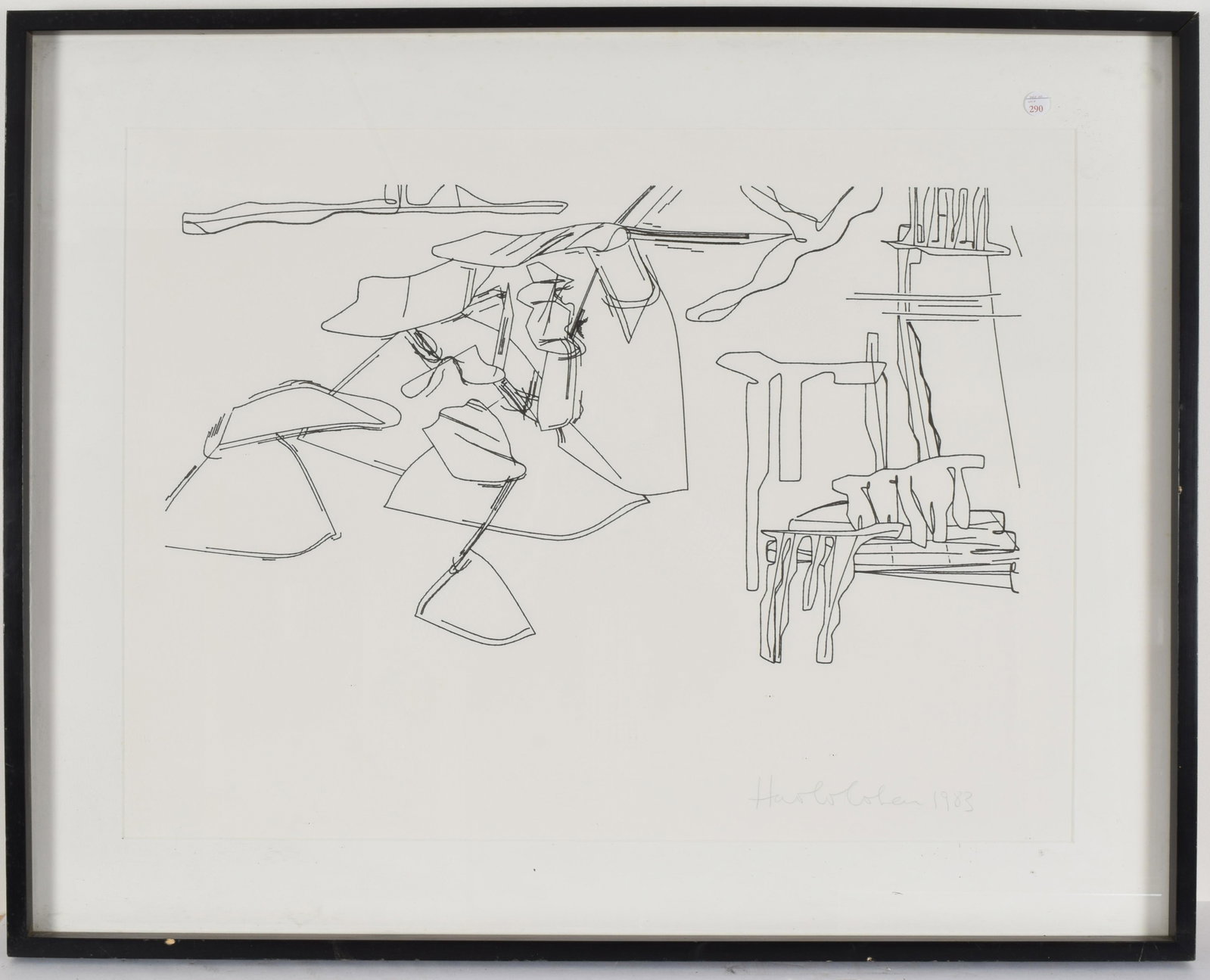 Harold Cohen 1983 lithograph. Contour line abstract: Harold Cohen 1983 lithograph. Contour line abstract image. Signed and dated in pencil lower right. Sight: 21 x 29in. Overall: 28.5 x 36in.
