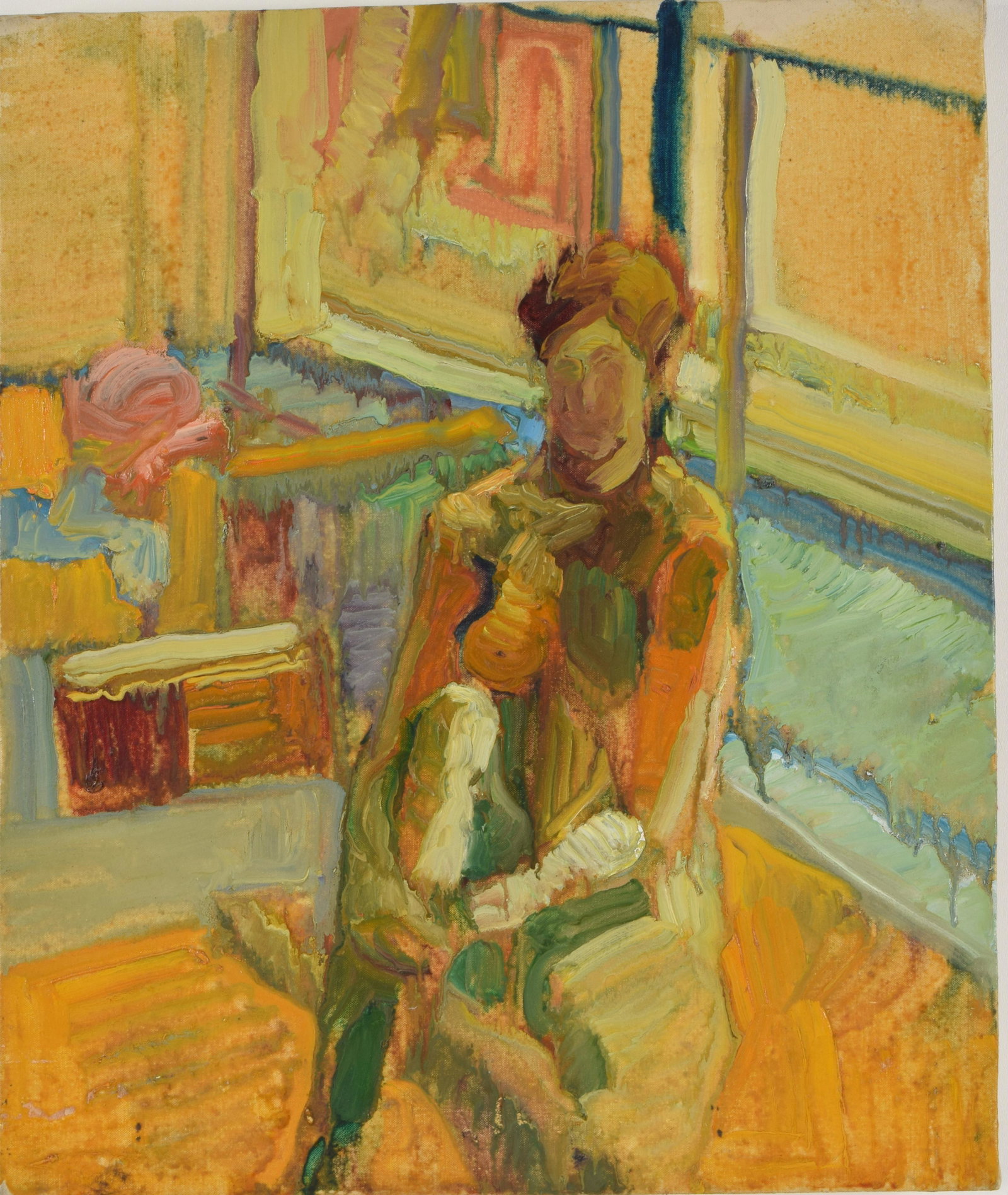 Brian Gorlick. American. 1996. Portrait of woman in: Brian Gorlick. American. 1996. Portrait of woman in interior scene. Oil on canvas. Unsigned. Copley Society of Boston label on reverse. Some dirtying to canvas edges. Overall: 24 x 20in.