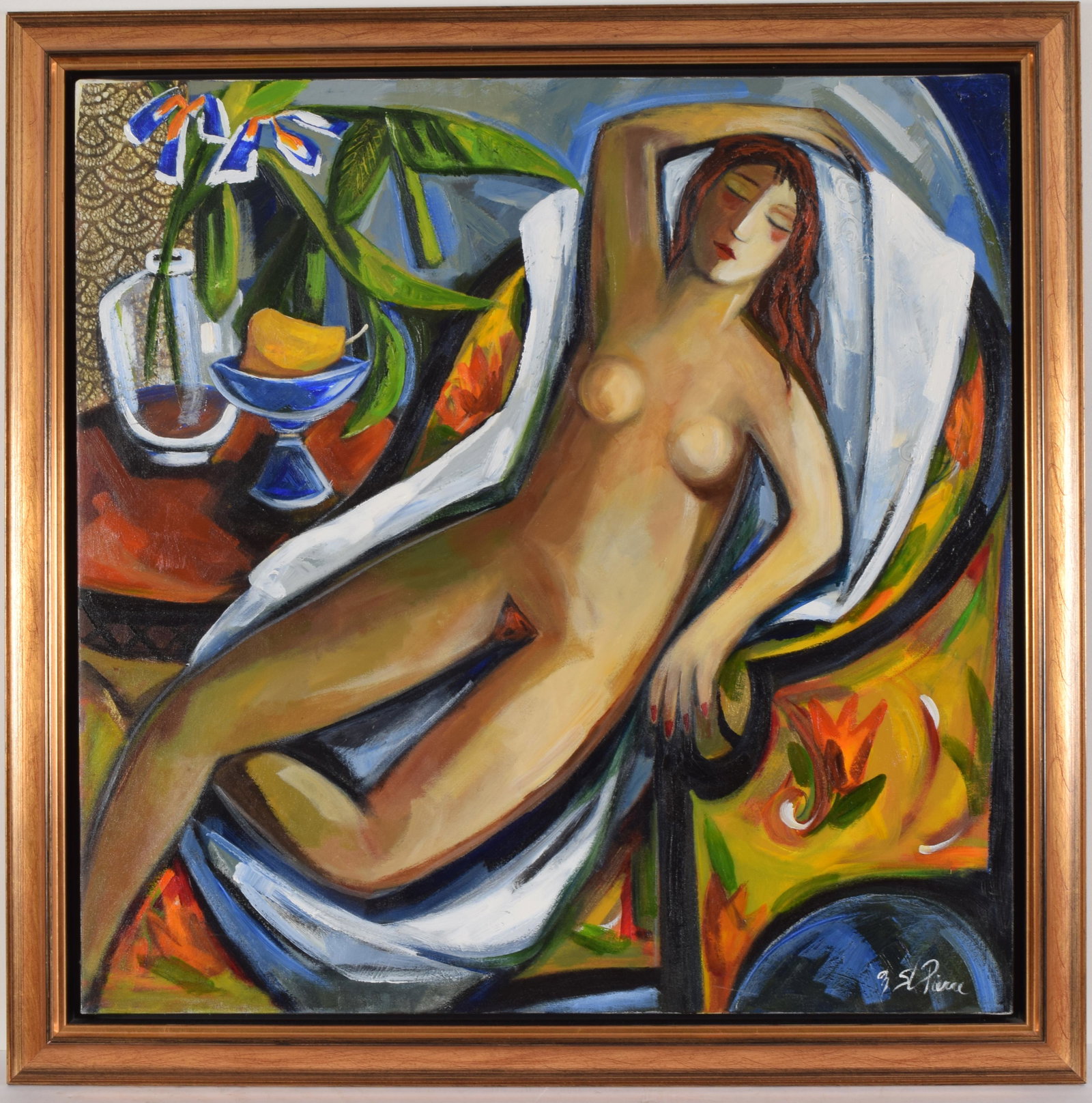 M. St. Pierre. Modernist style nude portrait of: M. St. Pierre. Modernist style nude portrait of reclining woman in interior scene. Oil on canvas. Signed lower right and to back of canvas. Titled in French to verso. Small dent to canvas near neck of