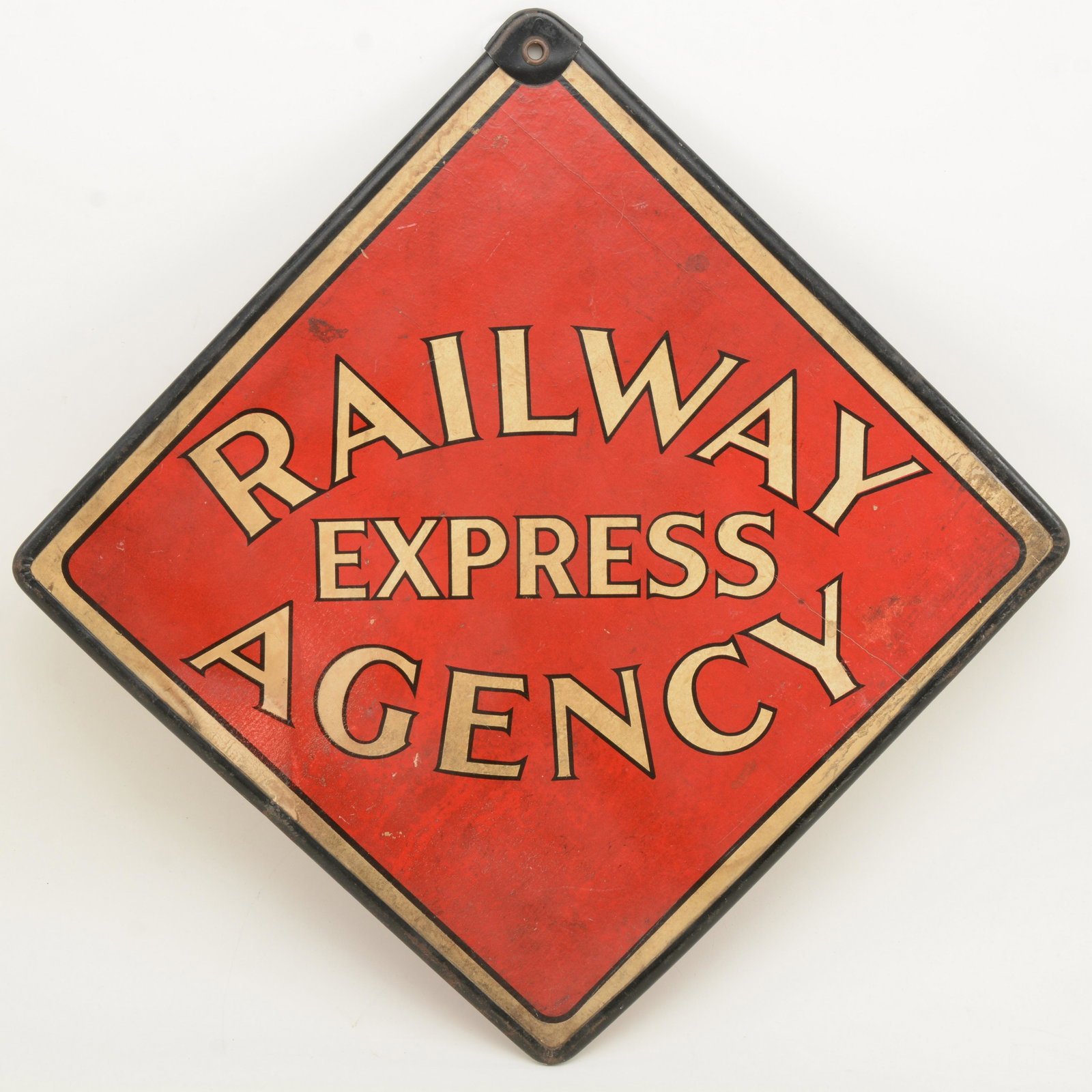 Railway Express Agency double sided sign. Cardboard: Railway Express Agency double sided sign. Cardboard with steel frame. 14 in square.