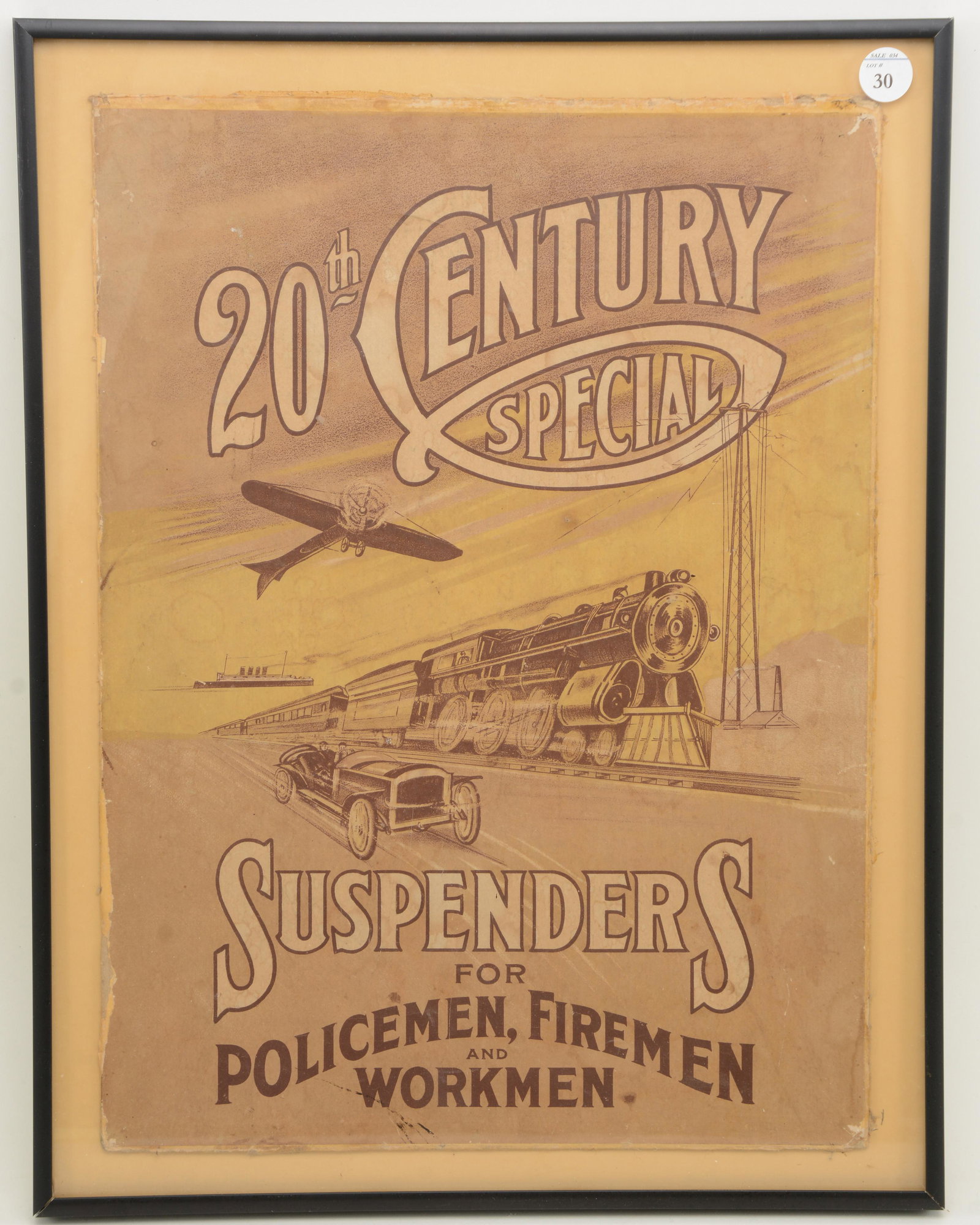 20th century special Suspenders for Policemen, Firemen,: 20th century special Suspenders for Policemen, Firemen, and Workmen cardboard lid with graphics of trains, planes and automobiles. Mounted and framed. 17 in height.