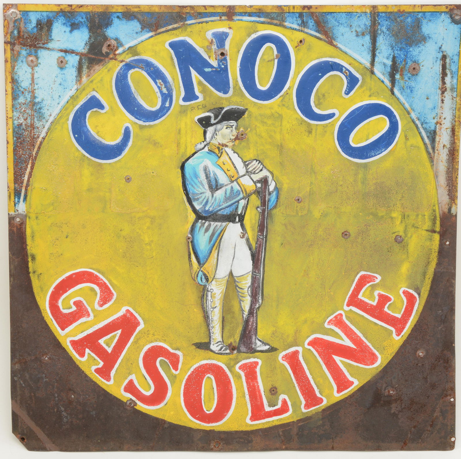 Conoco Gasoline Minuteman tin advertising sign. (1 of 7)