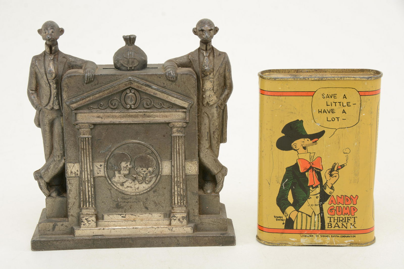 Andy Gump cast metal still bank with tin litho can. 5.5 (1 of 5)