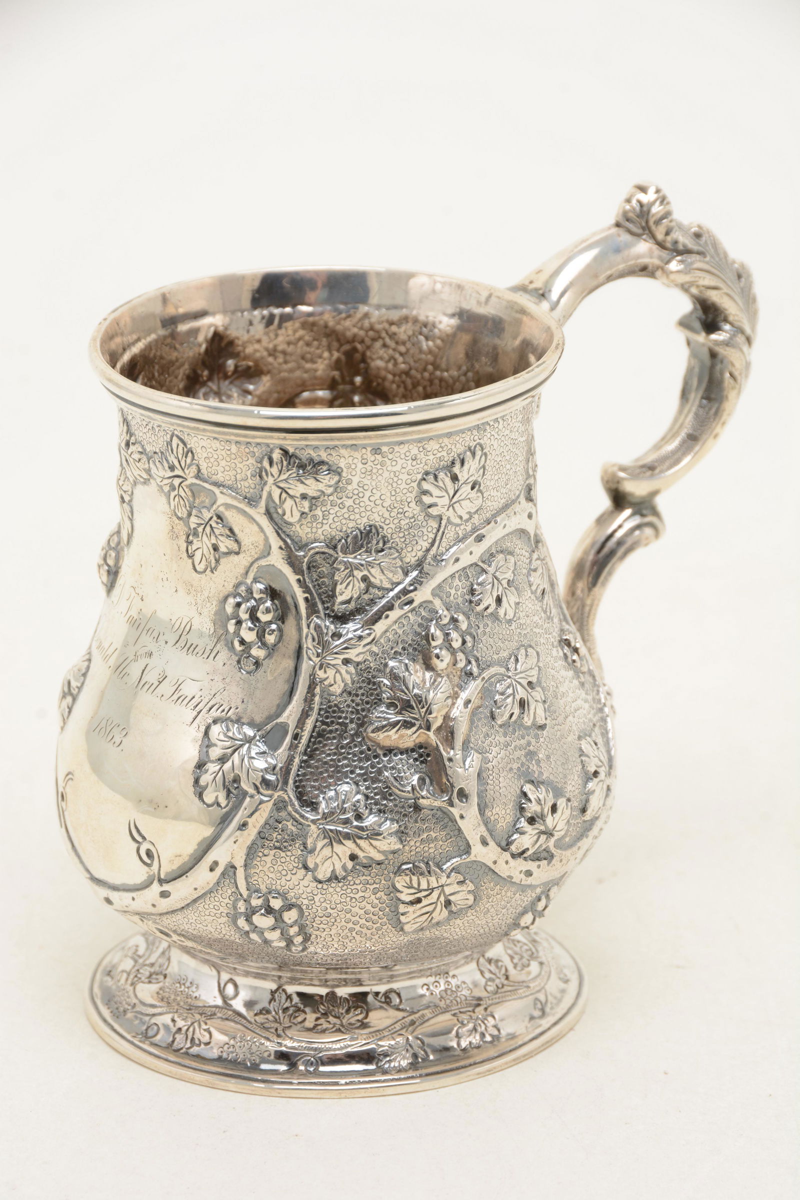 Boston coin silver cup. All over stipple ground grape (1 of 10)