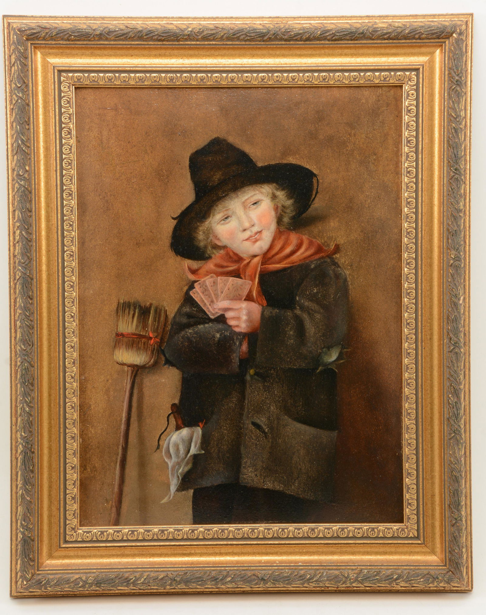 American School mid-19th century genre scene of a: American School mid-19th century genre scene of a street urchin holding playing cards standing by a broom. In the style of David Gilmour Blythe. Oil on academy board. Framed. Good condition. Sight: 13