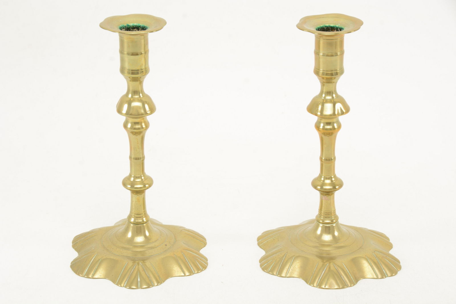 18th century English brass petal base candlesticks. (1 of 7)