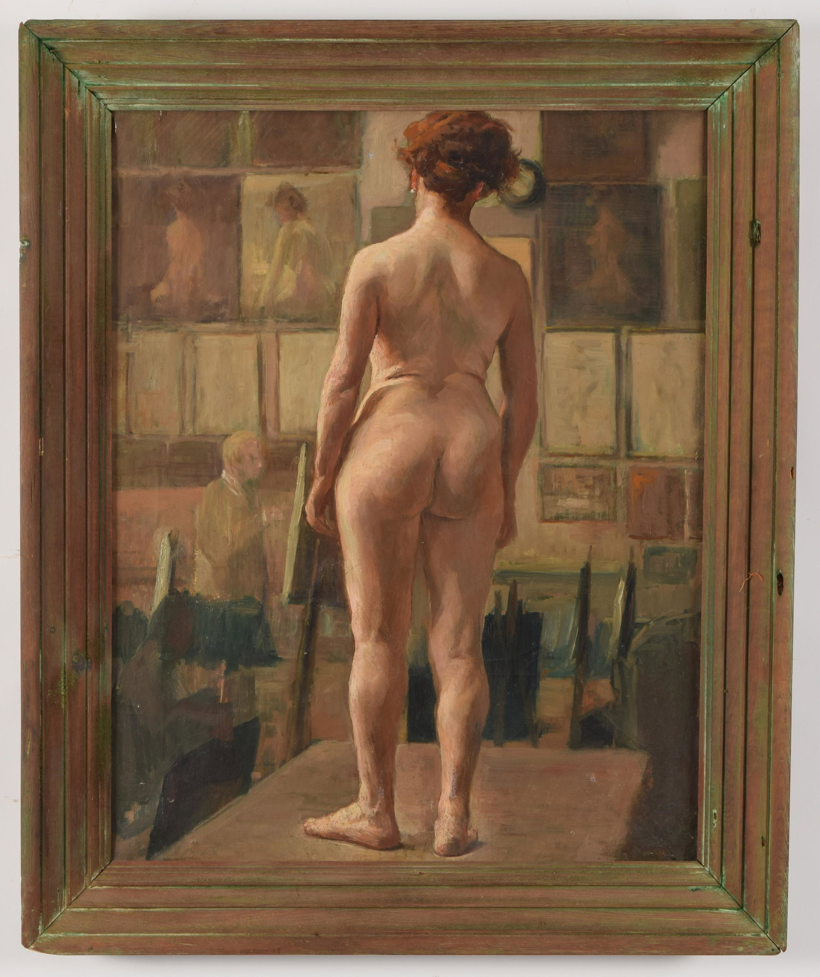 Attributed to Edwin Eldridge. Large painting of artist: Attributed to Edwin Eldridge. Large painting of artist studio with nude model. Oil on canvas. Framed. Minor inpaint and 3in repaired tear lower right center. Vintage note on reverse stating item was p