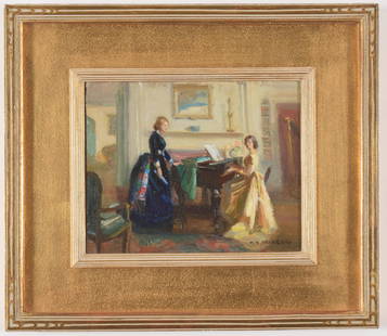 Marguerite S. Pearson. American. "The Prelude".: Marguerite S. Pearson. American. "The Prelude". Interior genre scene with 2 women at a piano. Oil on board. Framed under glass in vintage Arts & Crafts frame. Signed lower right.. Good condition. Titl