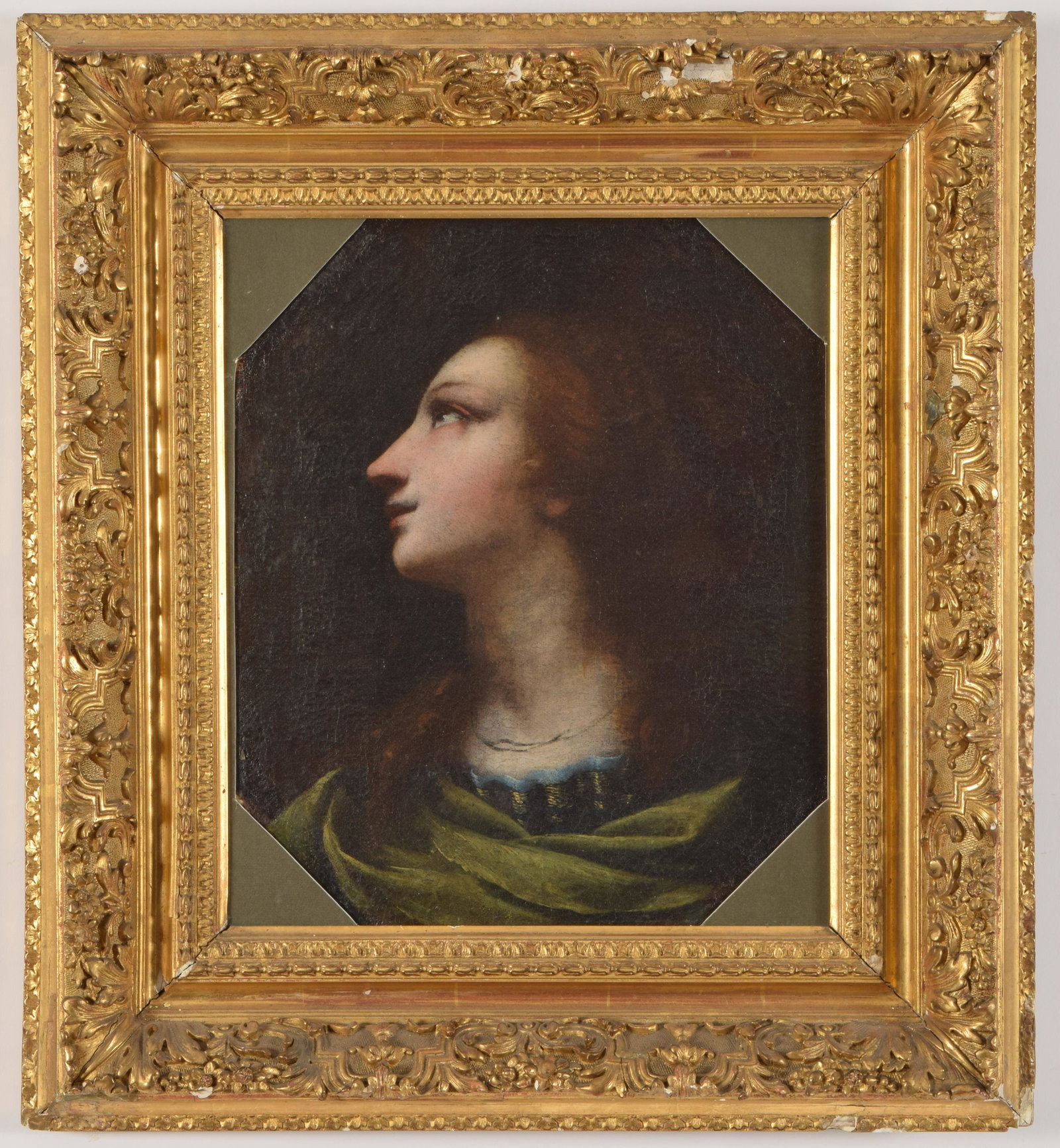 17th/18th century old master Italian school painting: 17th/18th century old master Italian school painting depicting a woman looking up. Style of Guido Reni? Oil on canvas. Laid down on canvas on aluminum panel. Octagonal format, possibly original or pai
