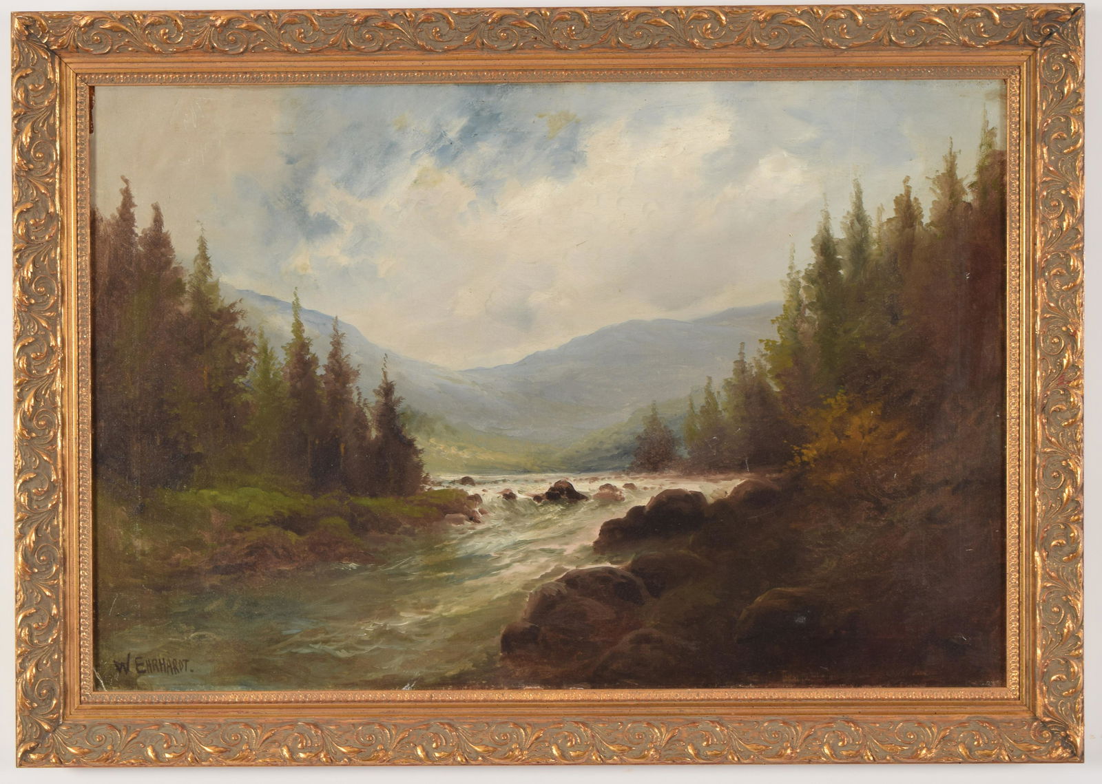 Hudson River School landscape painting with river, pine (1 of 7)