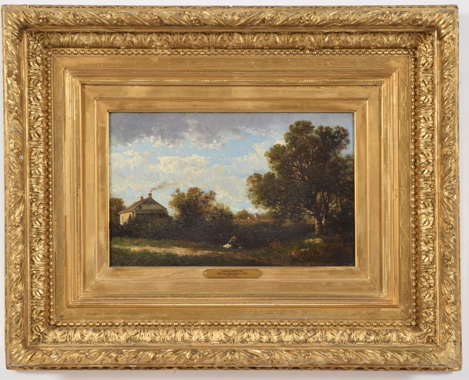 David Johnson. American. "Fishing Pond 1871". Landscape: David Johnson. American. "Fishing Pond 1871". Landscape with a figure fishing by houses and barn. Oil on panel. Framed in a fine 19th century Hudson River style gilt frame. Small losses to frame. Mono