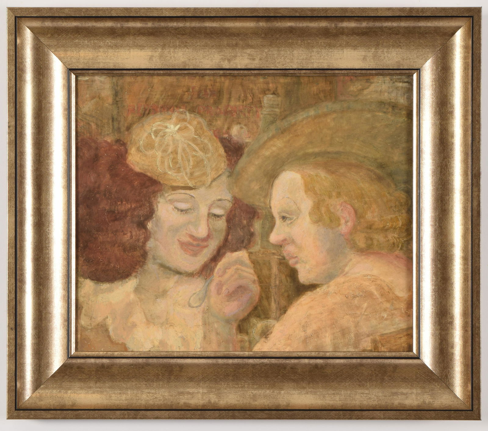 Early 20th century American school painting depicting a: Early 20th century American school painting depicting a couple dining, style of Reginald Marsh. Oil on masonite. Stretched. Framed. Sight: 14 x 17in. Overall: 20 x 23in.