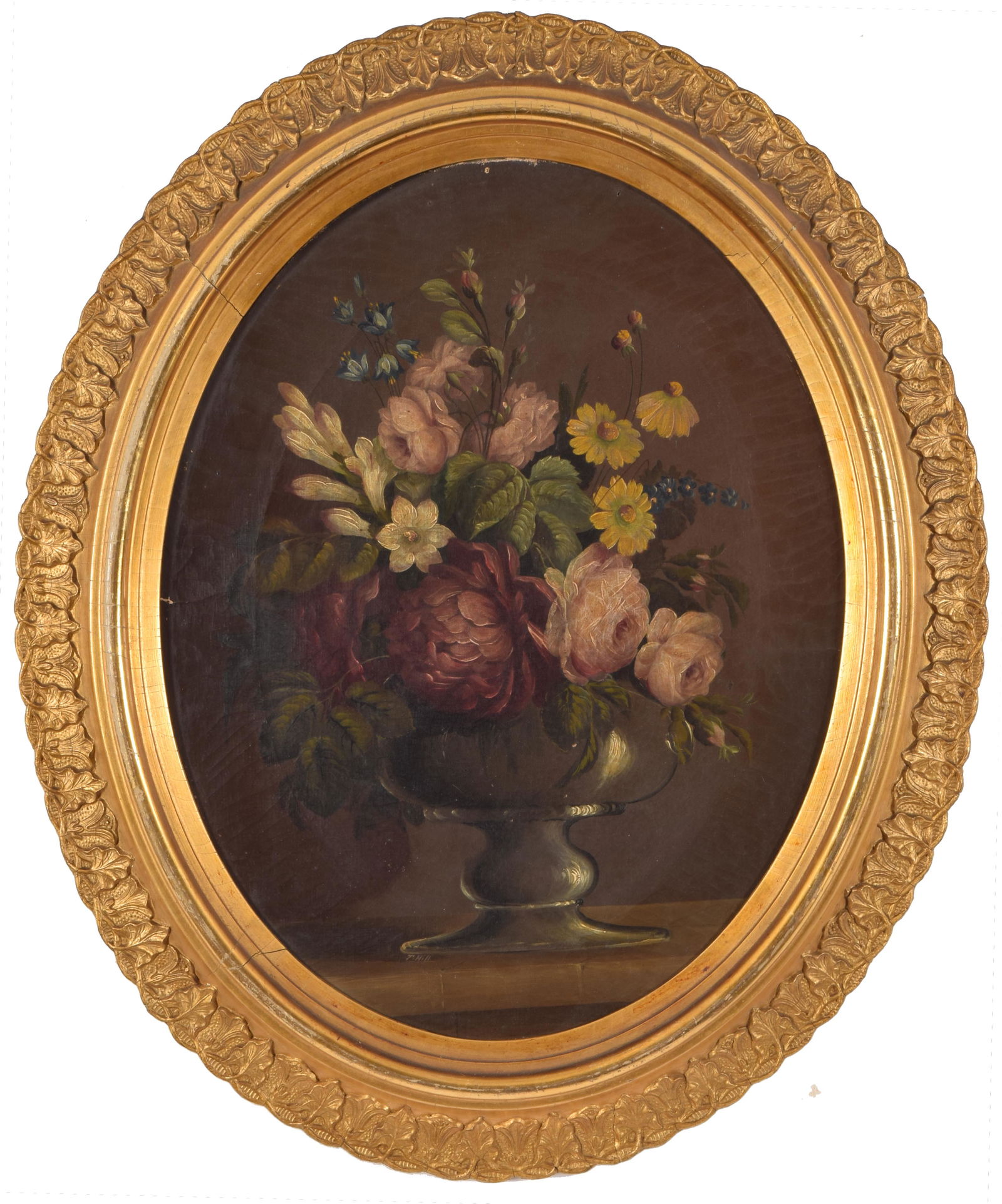Thomas Hill. American. Oval floral still life painting (1 of 8)