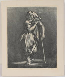 Rico Lebrun, black and white lithograph, "Beggar".: Rico Lebrun, black and white lithograph, "Beggar". Inscribed at bottom 9/45 and signed lower right. Unframed, laid on board, off color and mat burn. Image 13.75 x 1.25 in, sheet size 17 x 14.25 in