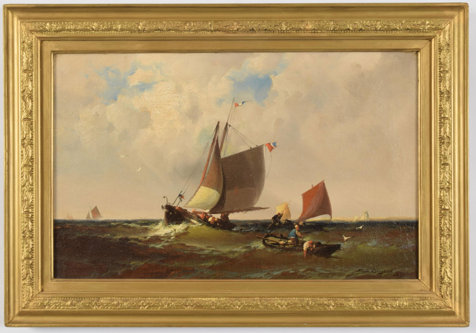 Franklin D. Briscoe. American. 1891. Fishing boats at: Franklin D. Briscoe. American. 1891. Fishing boats at sea with sails in background. Oil on canvas. Signed and dated lower right. Framed in painted gold 19th century frame. Craquelure. Sight: 14 x 22in