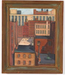 Ashcan school. Early 20th century. Painting of: Ashcan school. Early 20th century. Painting of cityscape with figures playing on a roof. Oil on board. Framed. Attributed to Samuel Halpert. Minor flaking. Inscribed on reverse. Sight: 23.5 x 19in. Ov