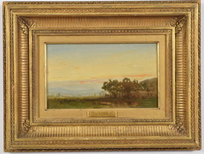 James Brade Sword. American. Hudson River landscape: James Brade Sword. American. Hudson River landscape with houses by a stream. Oil on board. Signed lower left. Tiny inpaint. Paint skip upper left. Slight crinkle lower left corner. Framed in a period