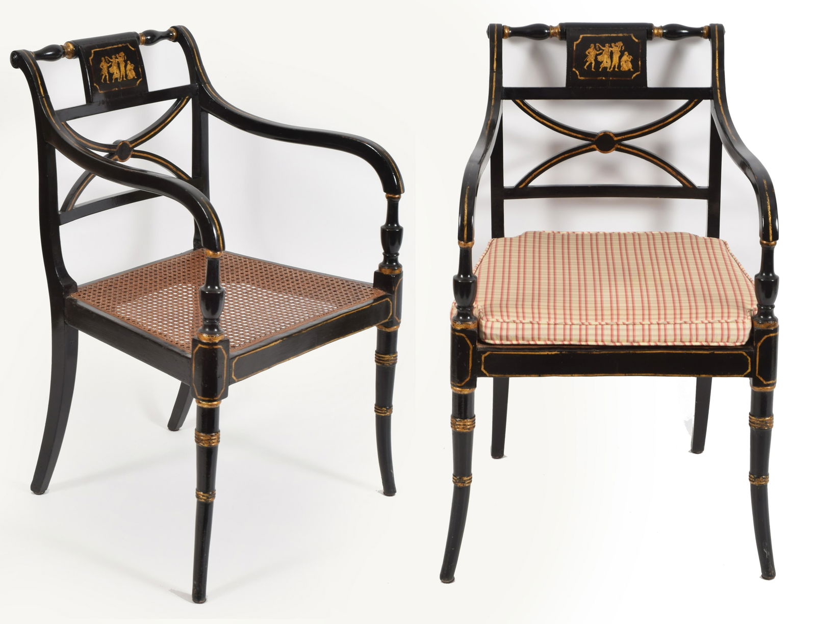 Pair of Regency black painted classical armchairs, (1 of 5)