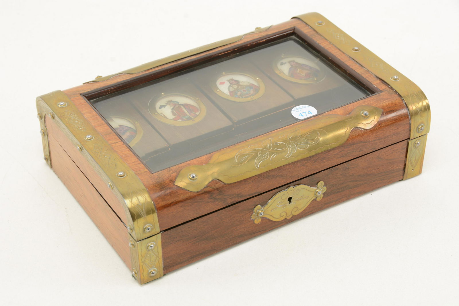 19th/20th century glass covered playing card box. Brass (1 of 11)