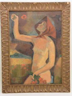 Yves Alix. French. 1939. "Au coquelicot". Woman holding: Yves Alix. French. 1939. "Au coquelicot". Woman holding a flower. Oil on canvas. Framed. Signed lower left. Inscribed on reverse. Sight: 18 x 13in. Overall: 22 x 16in.