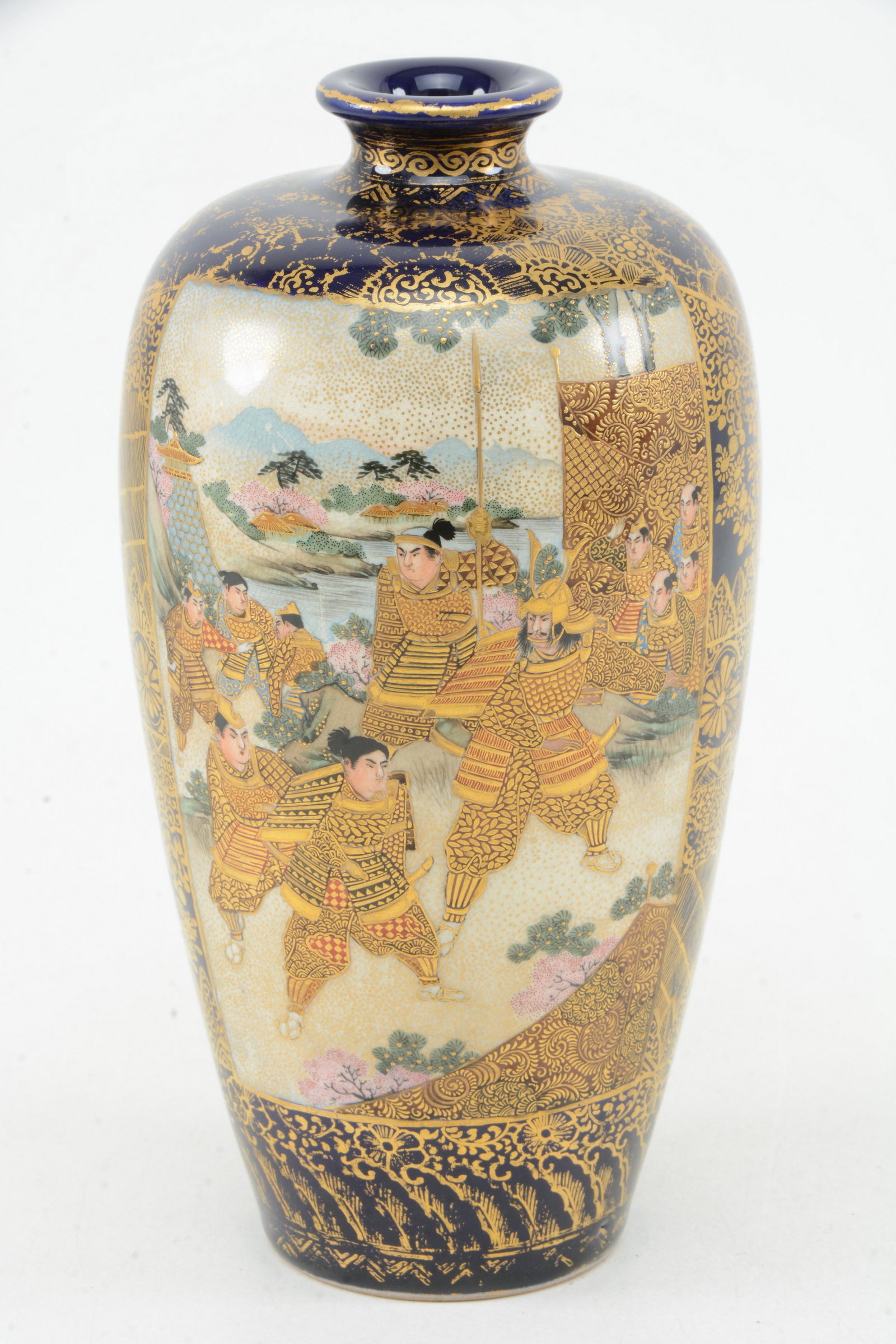 Satsuma vase. Japan. Meiji period (1868-1912).: Satsuma vase. Japan. Meiji period (1868-1912). Stoneware. Cobalt blue ground with gilt. Reserves of a woman and children. 9in.