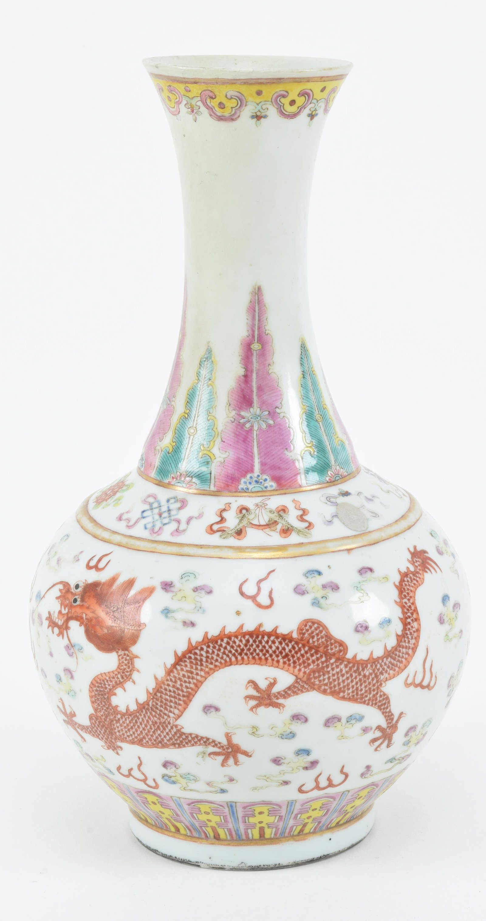 Porcelain vase. China. Kuang Hsu mark (1875 - 1908).: Porcelain vase. China. Kuang Hsu mark (1875 - 1908). Red dragons with celestial pearls and clouds. 10in H. Repair to the mouth.