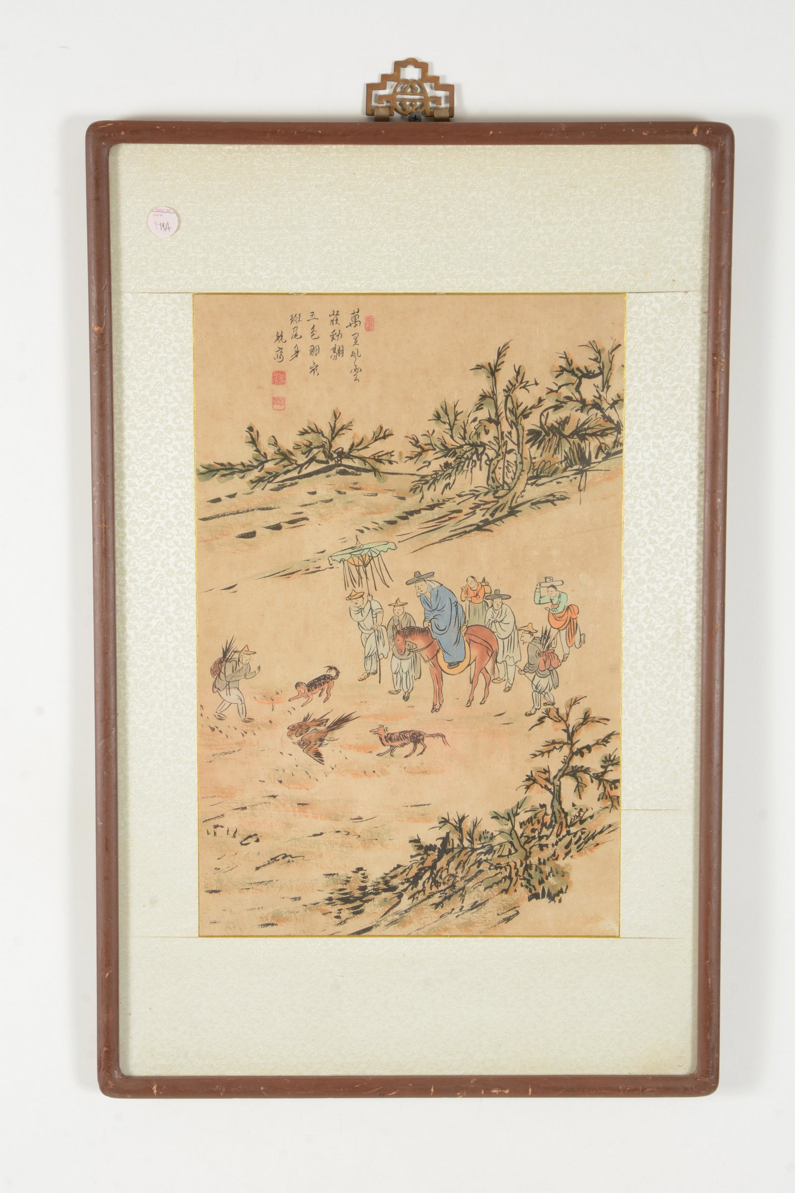 Painting. Korea. Early 20th century. Ink and color: Painting. Korea. Early 20th century. Ink and color pigments on paper. Hunting scene with figures in a landscape. Inscription and 3 red seals at top. Overall: 25.25 x 16.25in.