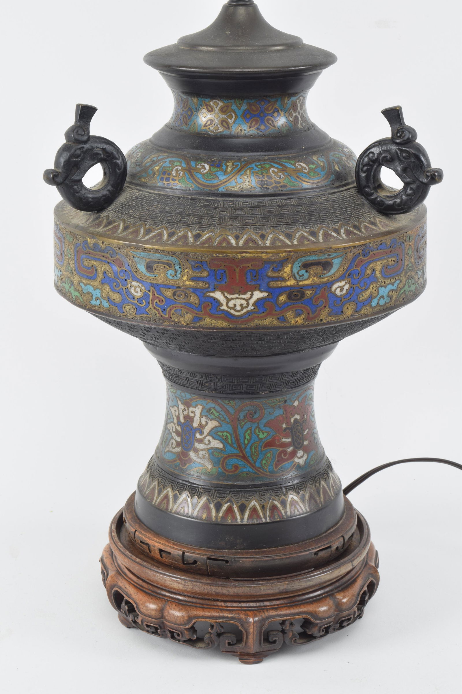 Japanese champleve bronze lamp with carved wood base. (1 of 9)