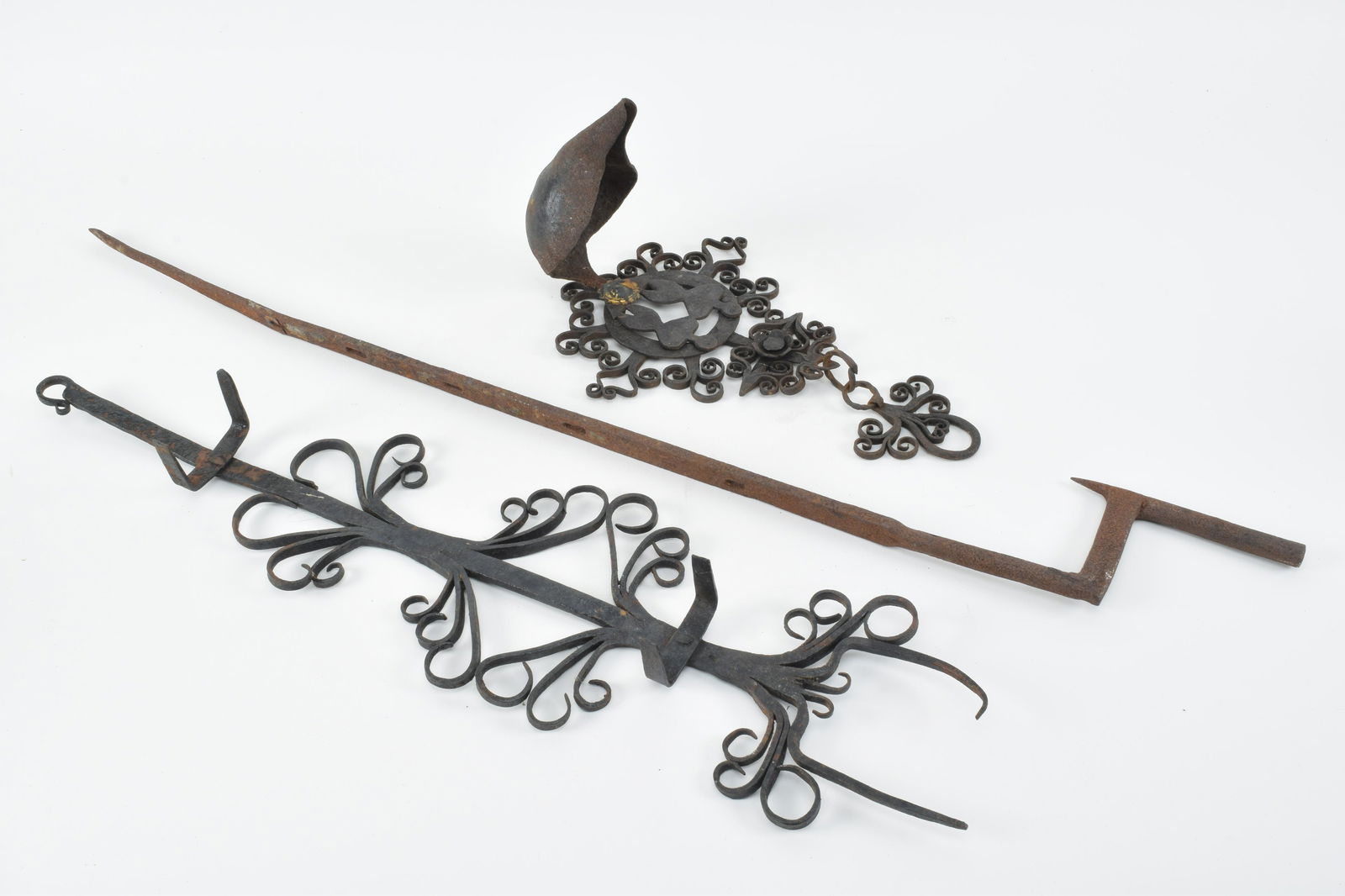 Trio wrought iron lighting pieces. 19th Century. (1 of 10)