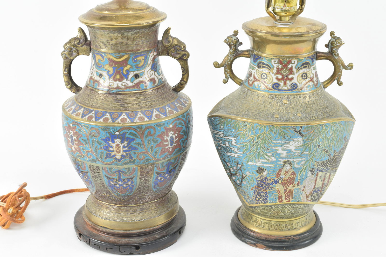 Pair cloisonne mounted vase lamps. Brass on wood base. (1 of 10)