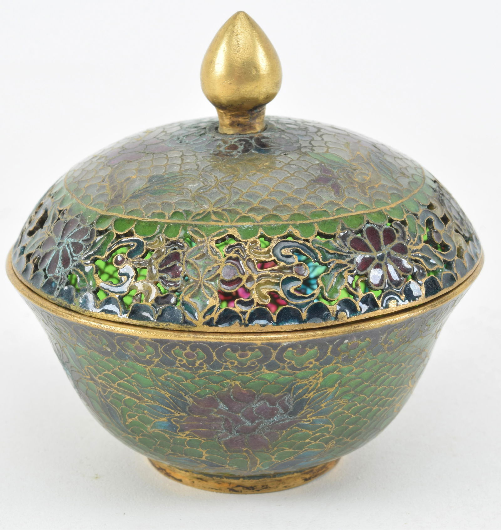 Plique a jour  covered bowl with floral decoration. (1 of 7)