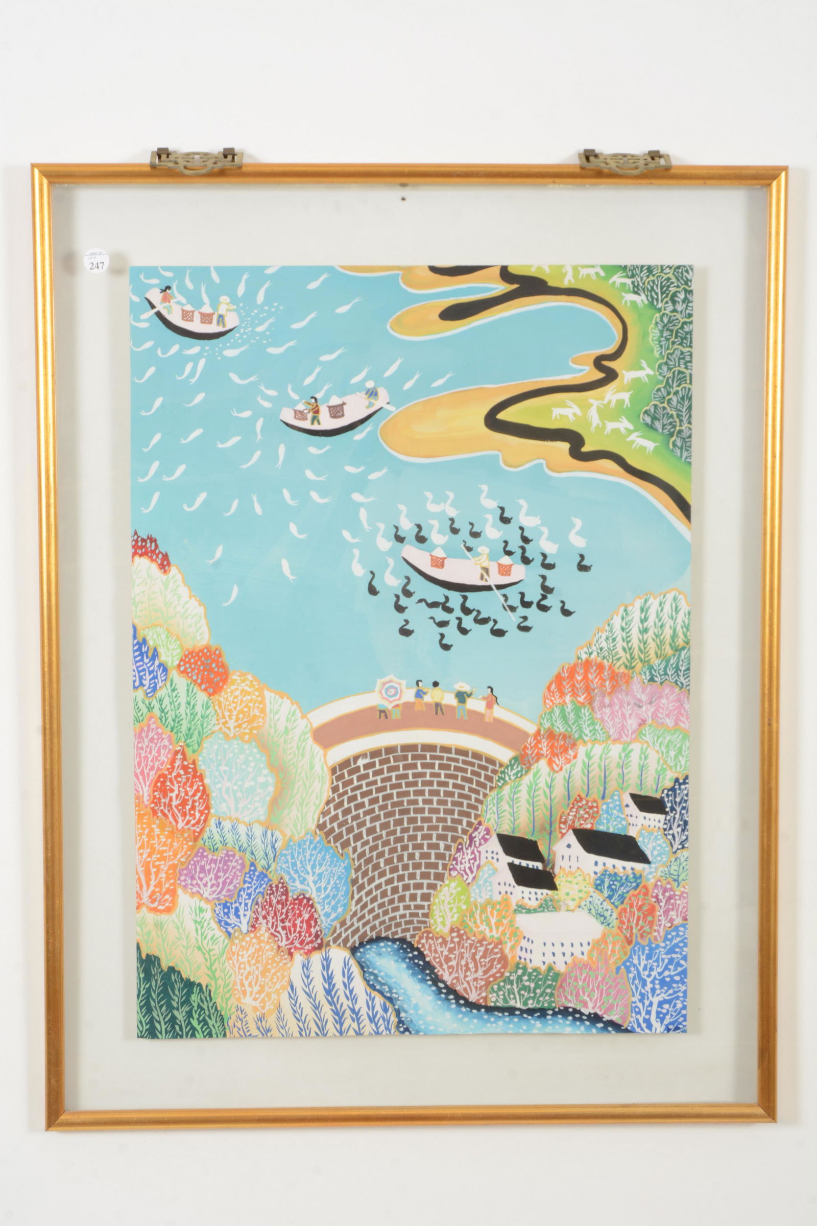 Chinese folk painting of figures standing on dam with (1 of 8)