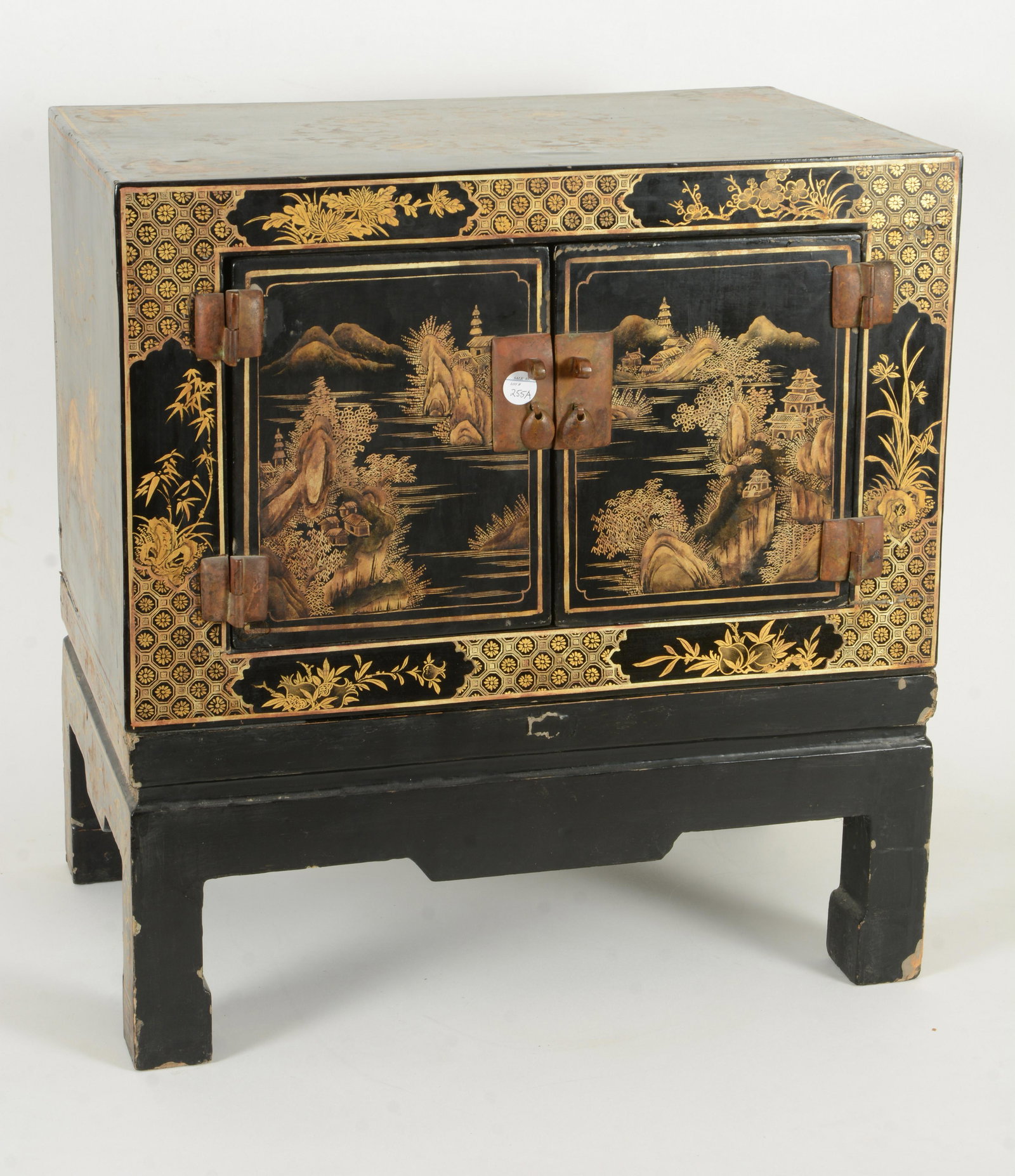 Chinese black and gold lacquered chest on stand. (1 of 6)