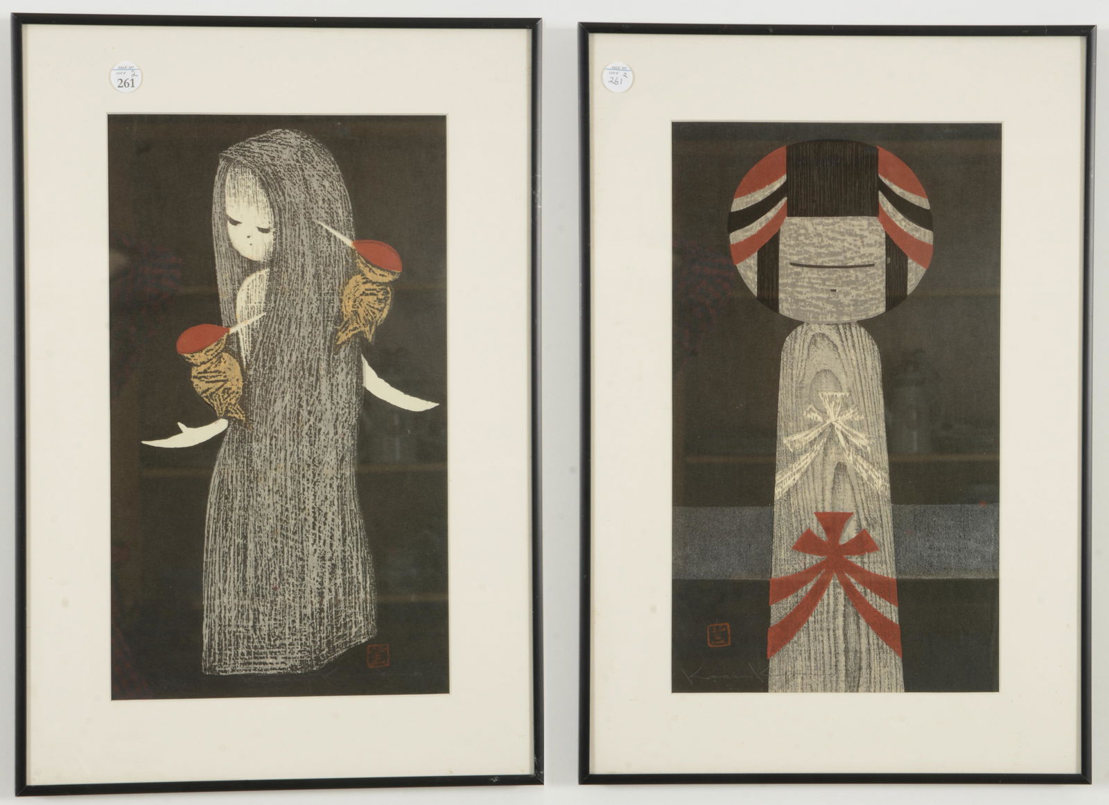 Kaoru Kawano. Japanese. 2 Color woodblocks of figures (1 of 6)