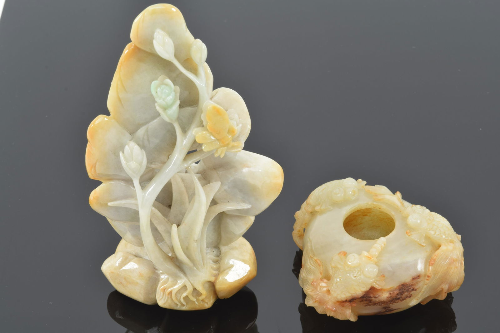 Jade fish vessel and flower carving. Fish vessel 3"W x (1 of 13)