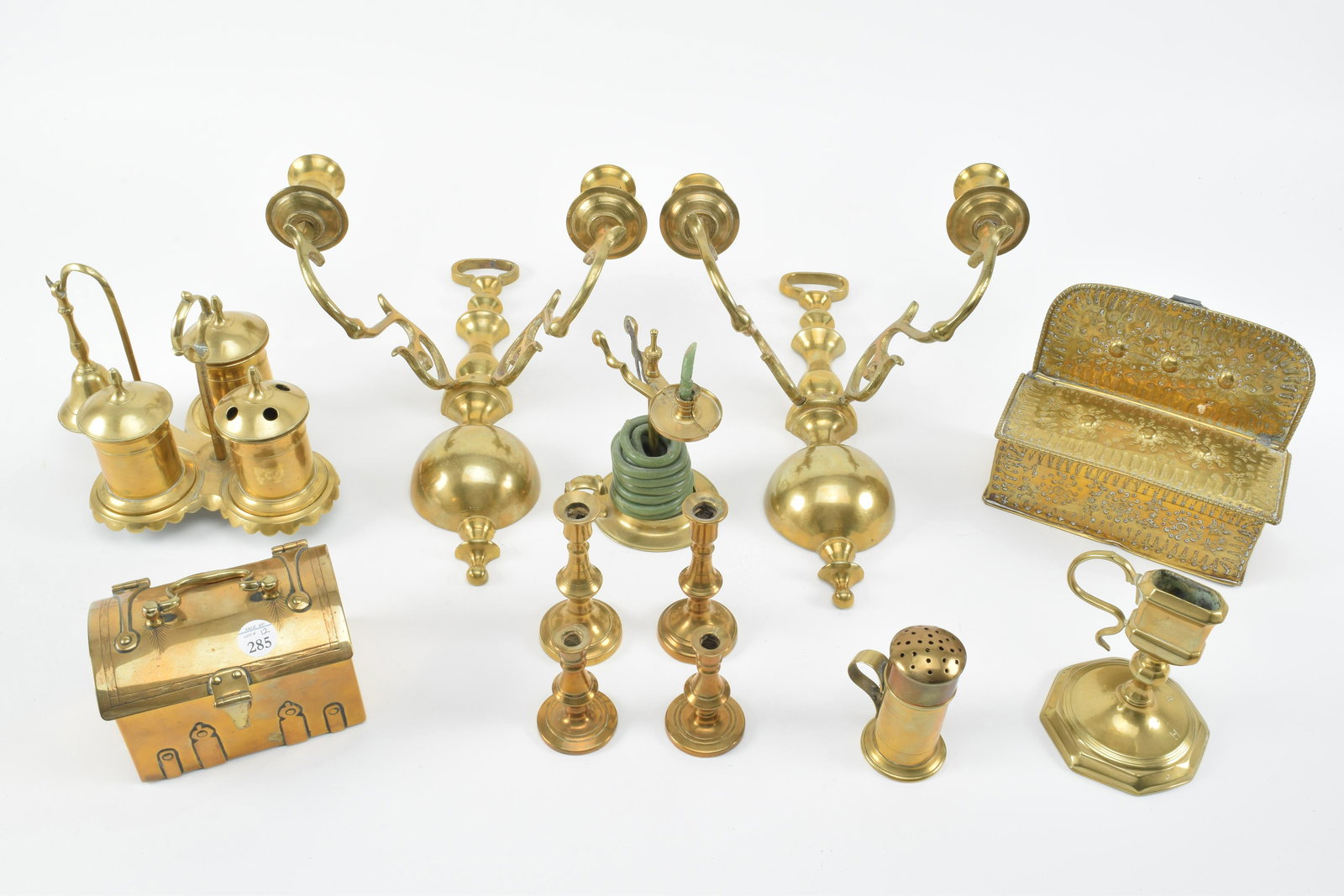 Collection of 12 brassware items, including a cruet (1 of 20)