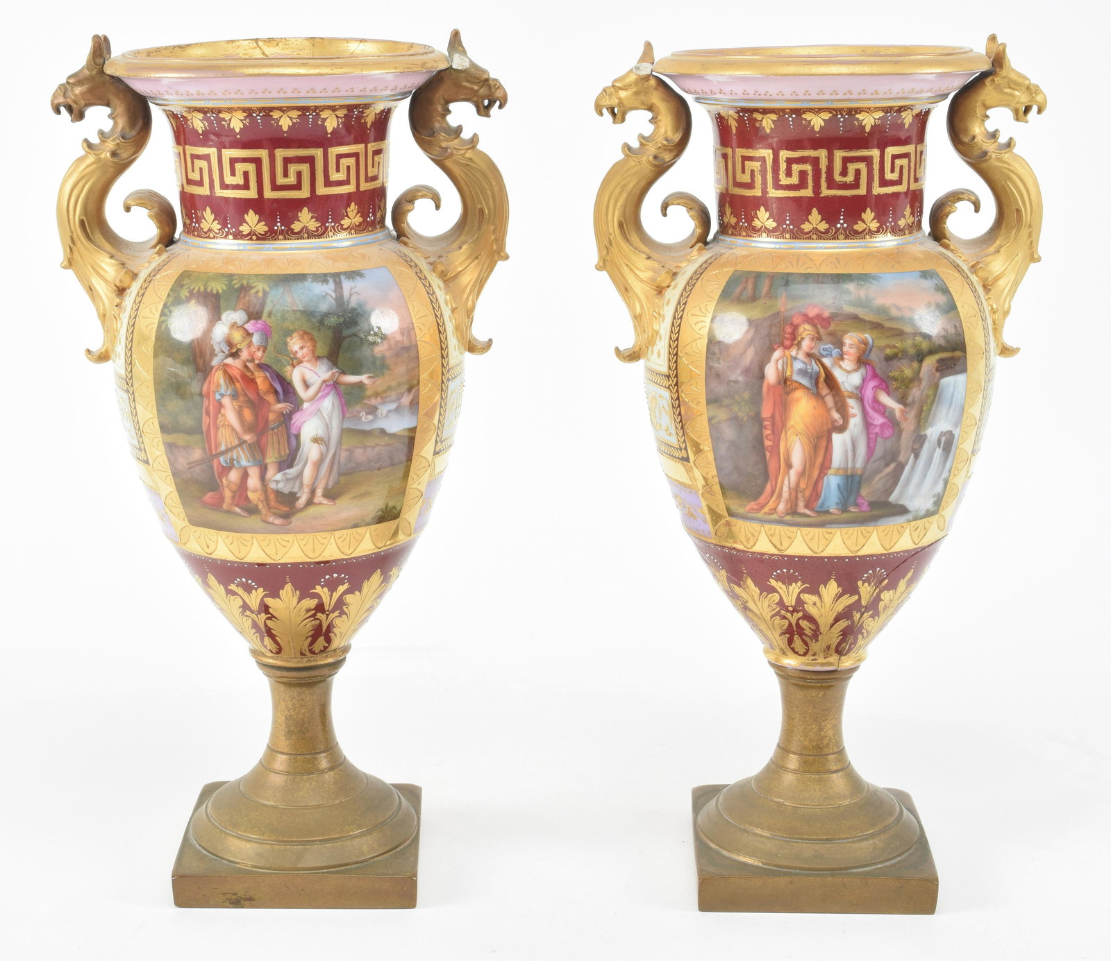 Pair Austrian painted urn vases with brass base. Early (1 of 13)