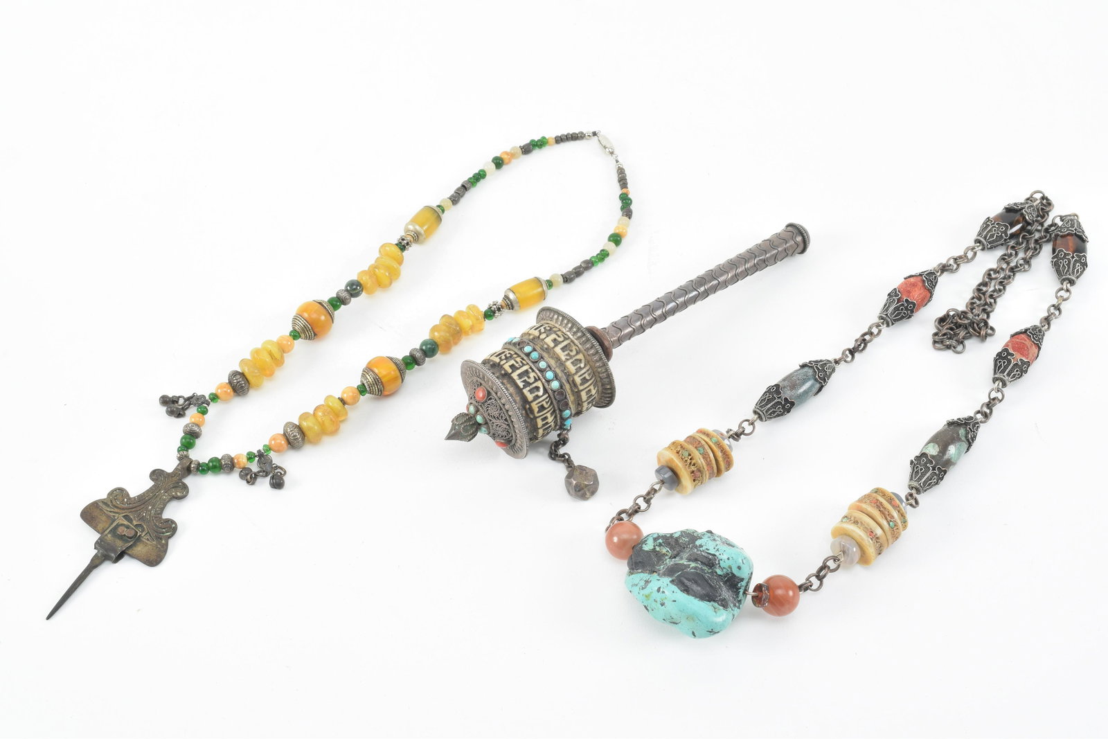 Tibetan Buddhist prayer wheel and necklaces. Wheel 2" x (1 of 14)