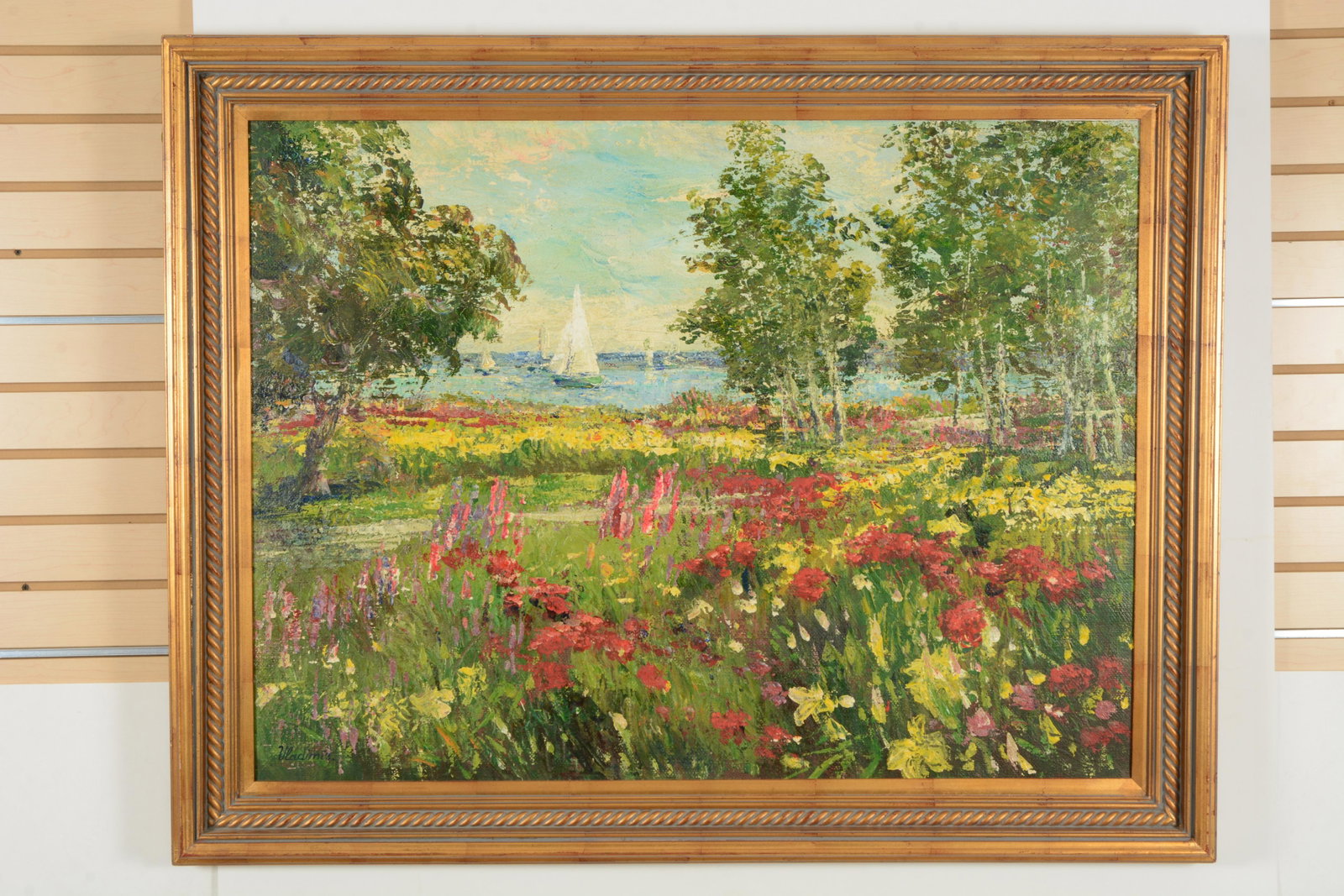 Vladimir. Mid Century. Sail boat coastal scene. Oil on: Vladimir. Mid Century. Sail boat coastal scene. Oil on canvas in wood frame. Signed lower left. Sight 29.5" x 39.5". Overall 37" x 47". Light soiling to frame.