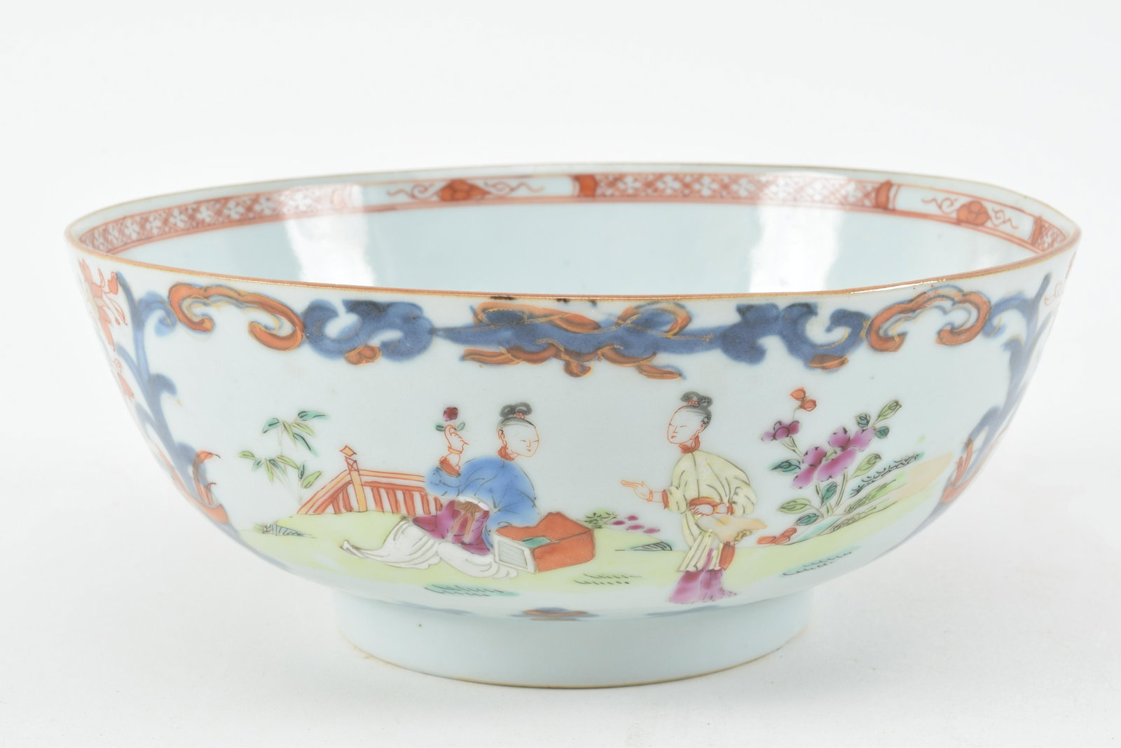 Chinese export bowl with reclining ladies scene. 7.5" x: Chinese export bowl with reclining ladies scene. 7.5" x 3.25". Hairline crack and light soiling.