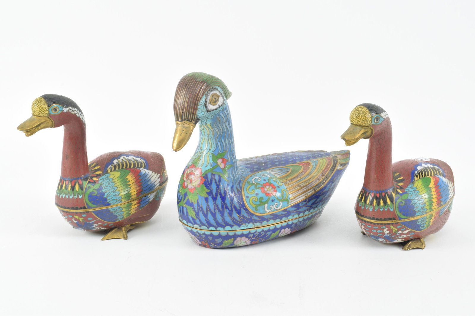 Trio cloisonne duck boxes. 20th Century. 2 Matching red (1 of 13)