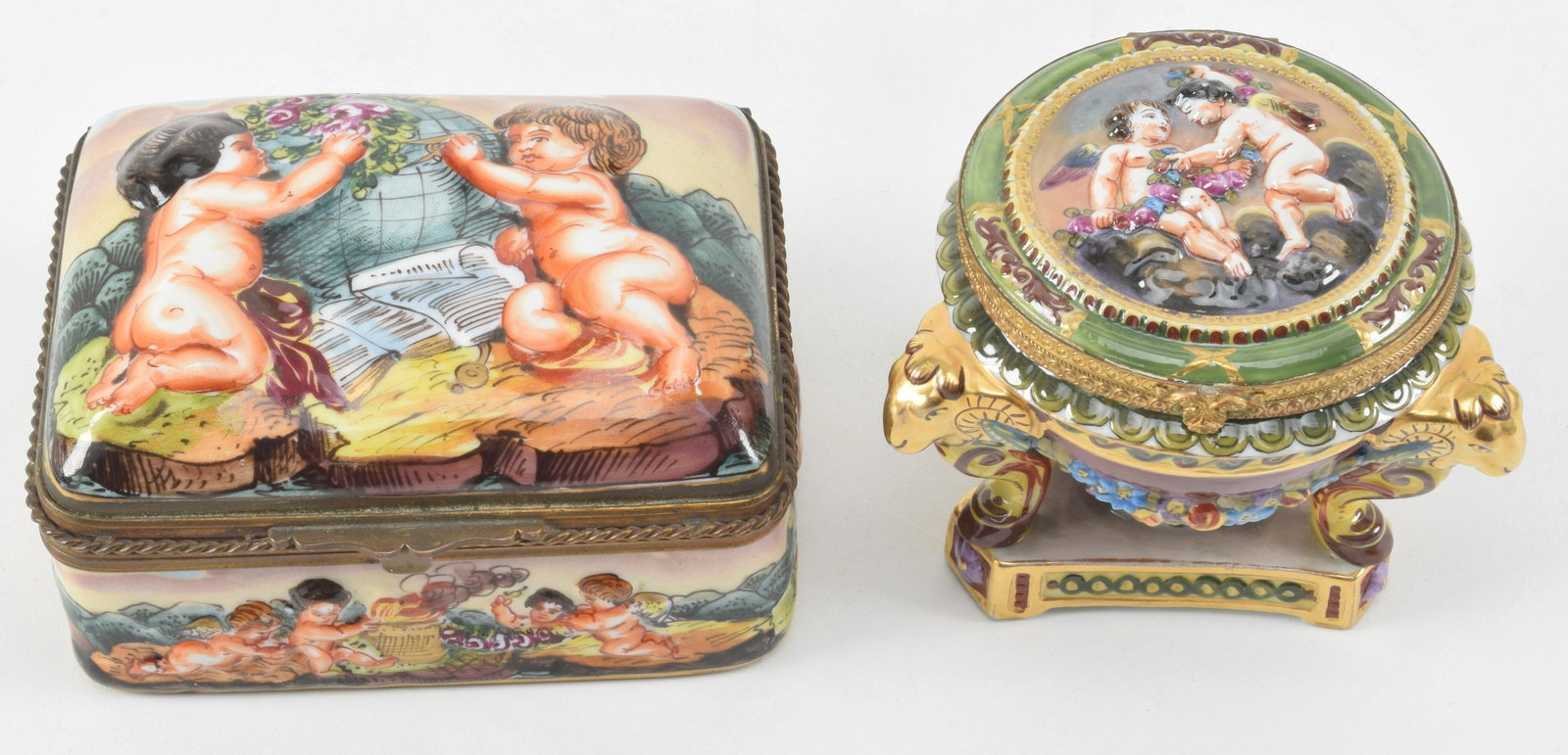 Capodimonte cherub motif jewelry box and trinket urn.: Capodimonte cherub motif jewelry box and trinket urn. Box 4" x 4.75" x 2.5". Urn 4" x 4" x 3.25".