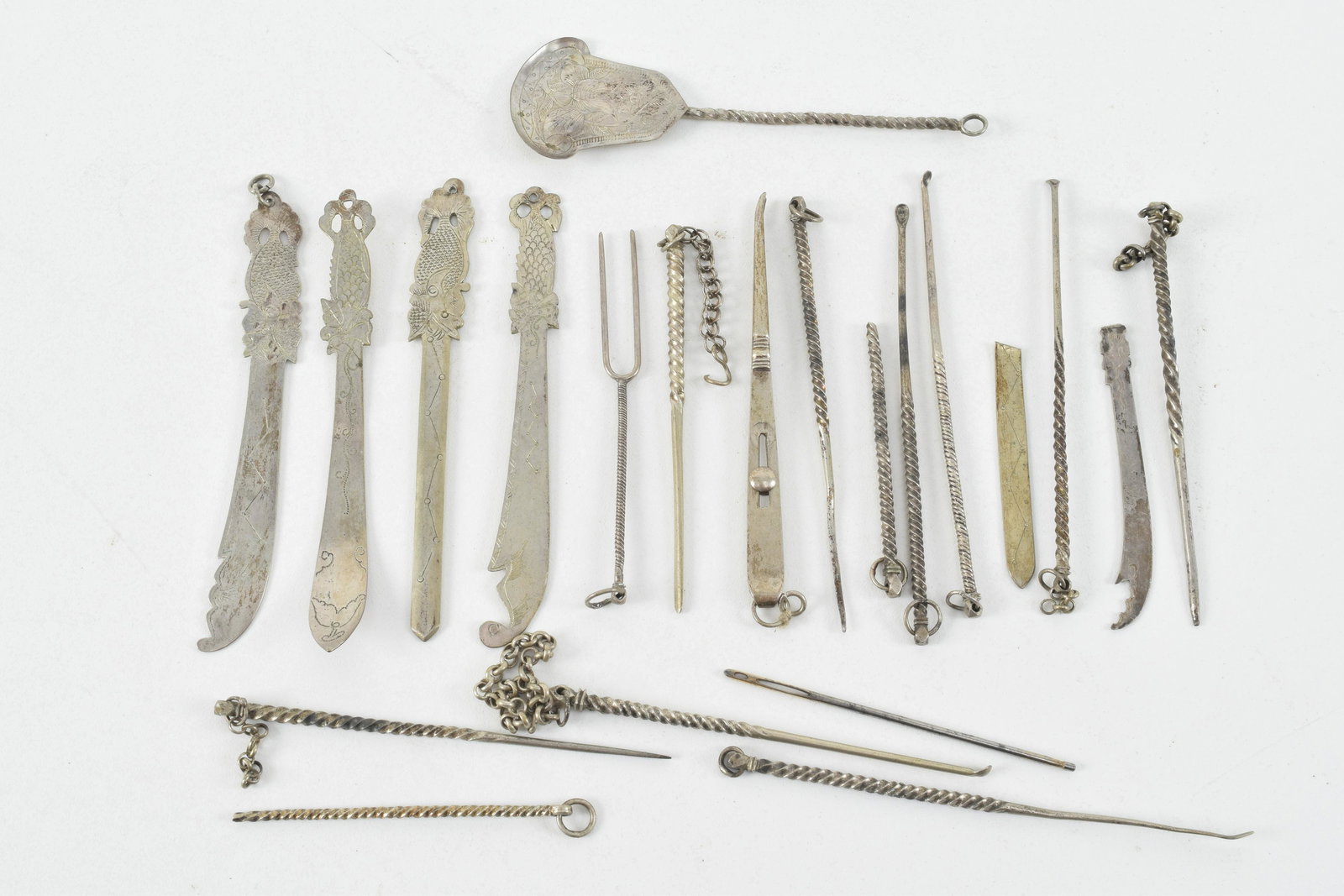 Lot of Asian metal objects, including picks, pins, and (1 of 6)