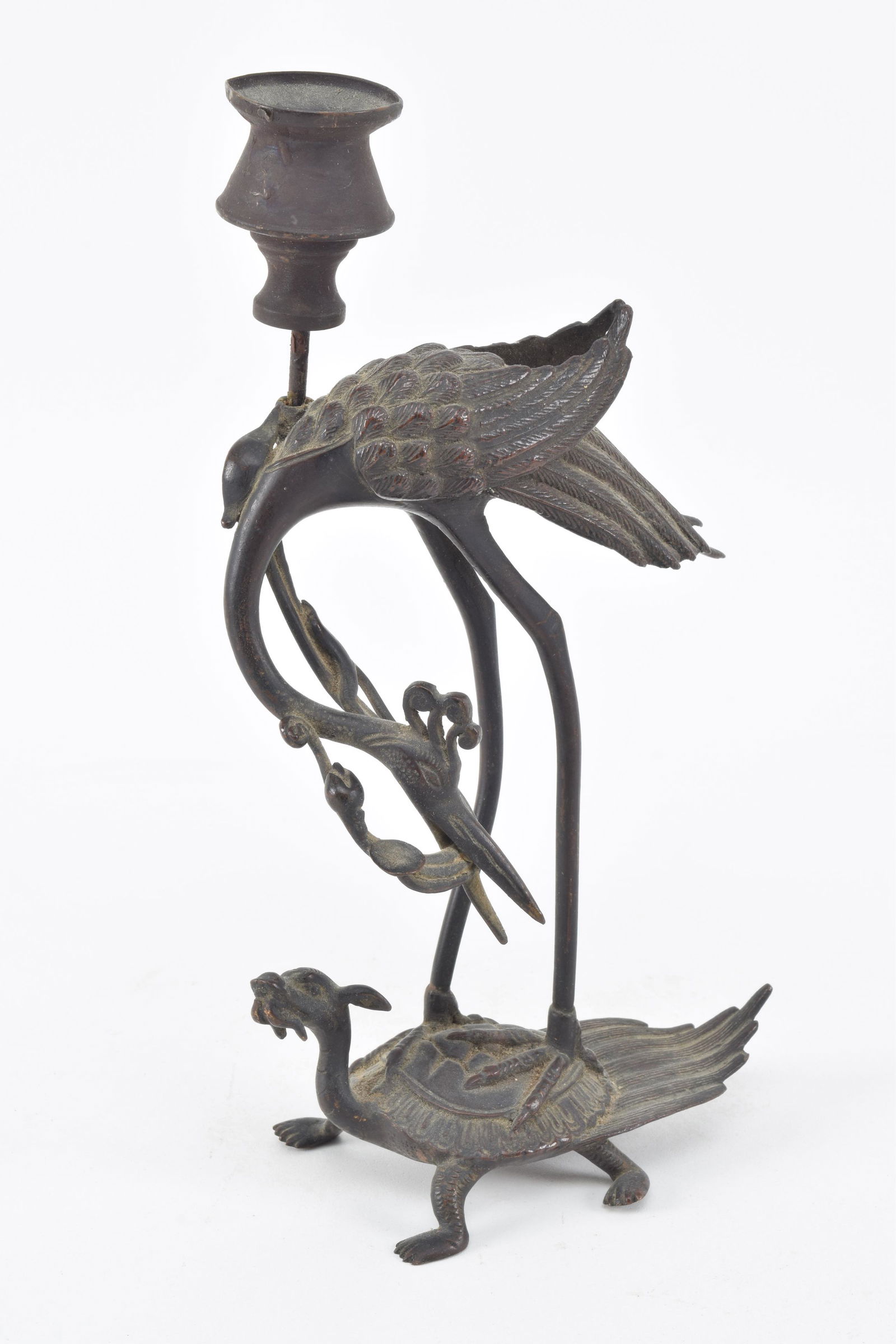 Chinese Crane and Turtle bronze candlestick. 3" x 5" x (1 of 8)