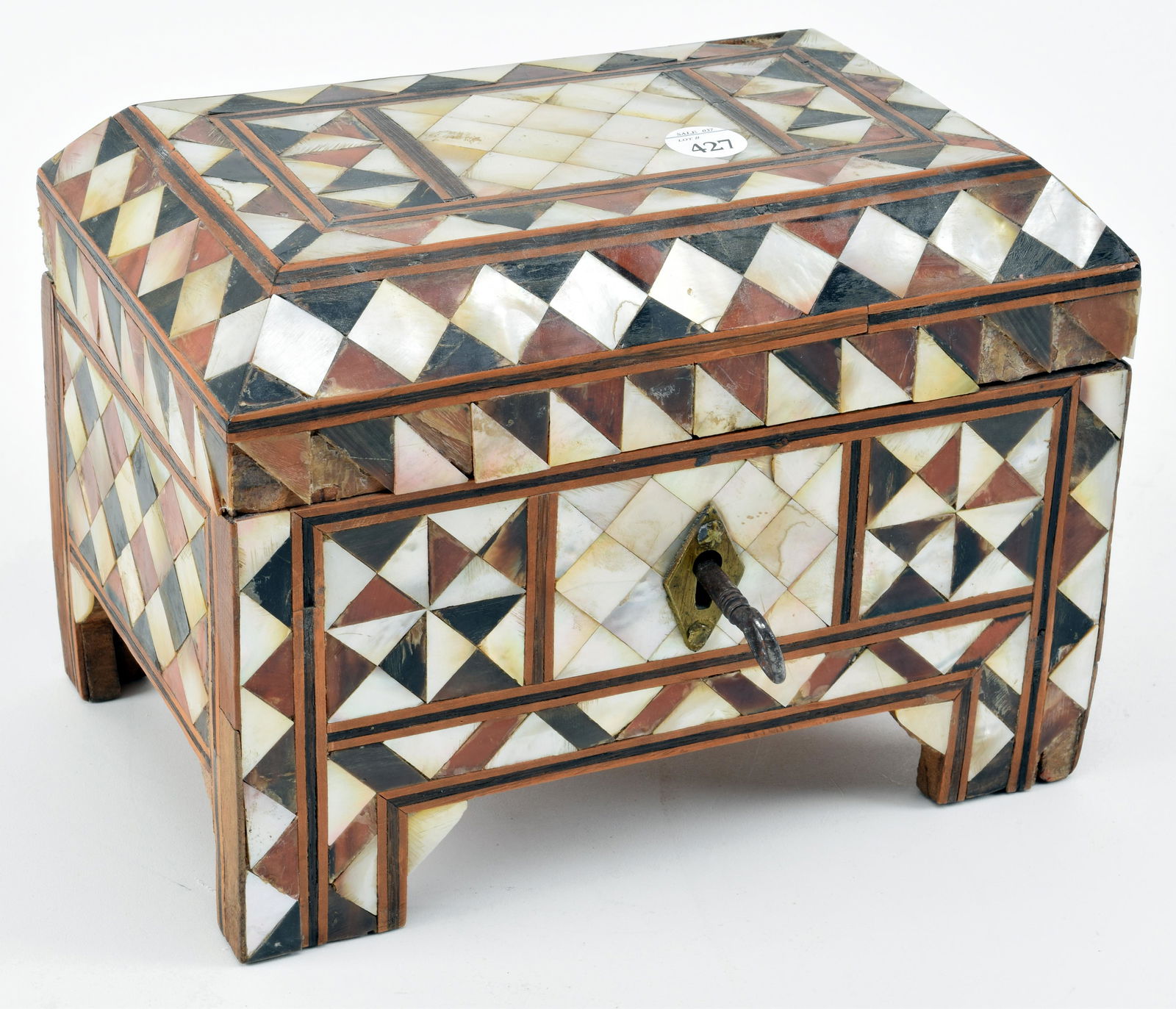 Mother of Pearl inlay wood casket box with lock. 9" x (1 of 8)