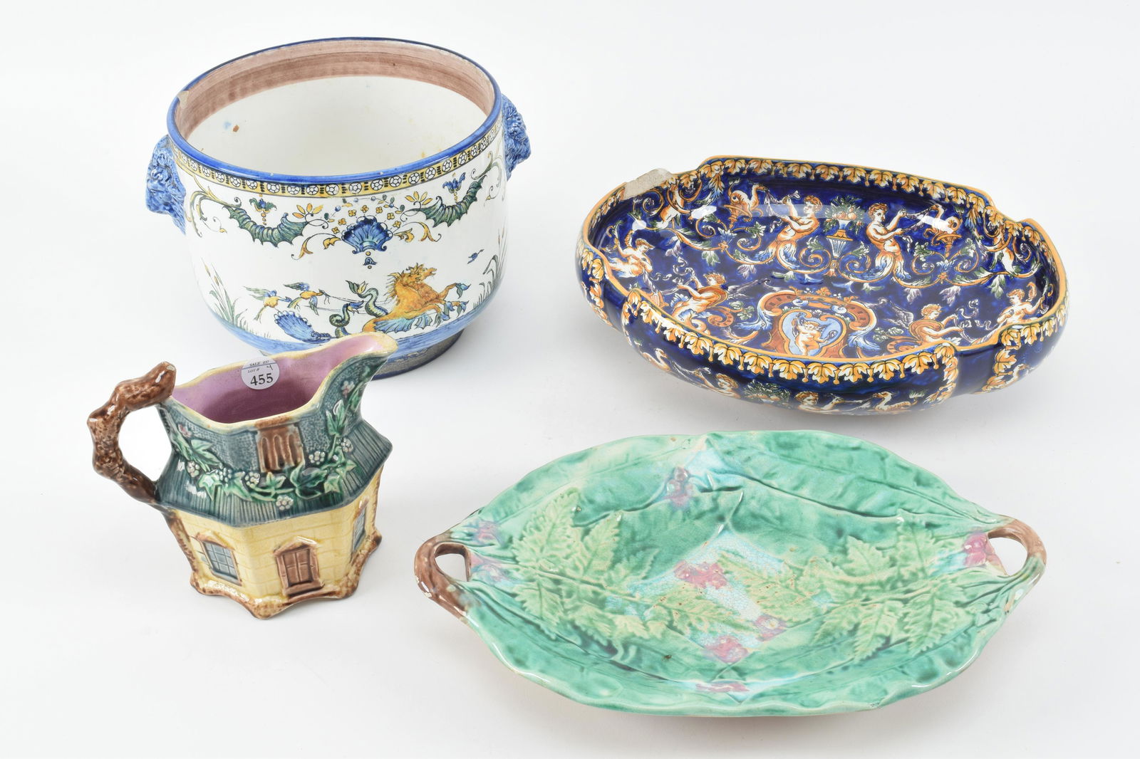 Glazed pottery including seahorse mythology flower pot, (1 of 16)